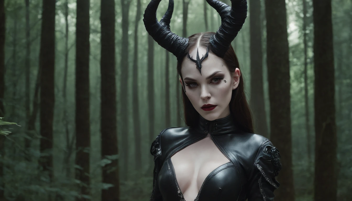 Pale white skin demon woman with horns dressed in leather leotard in a dark forest, forest at night, ultra detailed, photorealistic, masterpiece.