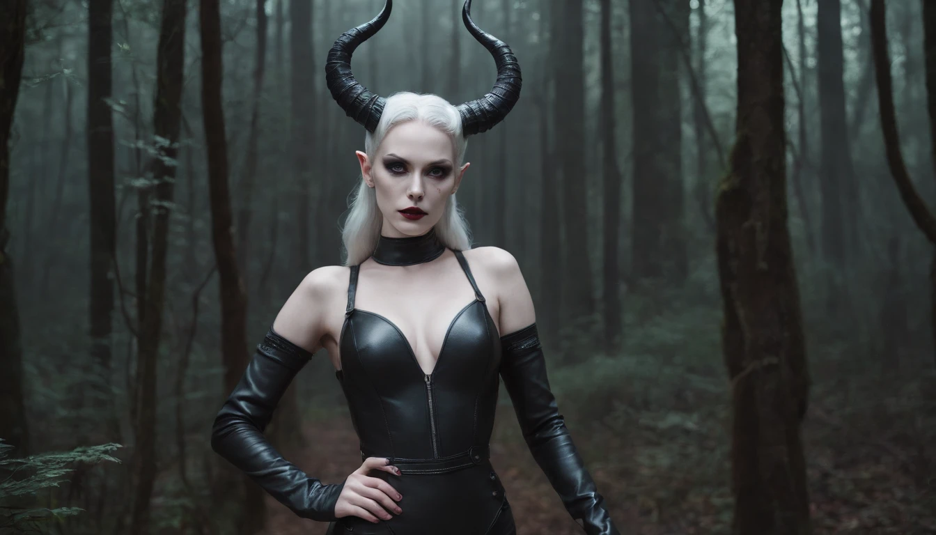 Pale white skin demon woman with horns dressed in leather leotard kneeling on the ground in a dark forest, forest at night, ultra detailed, photorealistic, masterpiece.