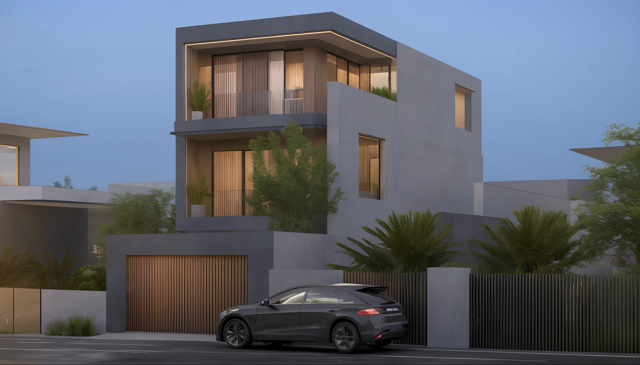 arafed view of a car parked in front of a modern house, concept house, architectural render, wide angle exterior 2022, exterior design, architectural concept, complete house, contemporary house, 3d rendering, 3 d rendering, realistic concept, inter dimensional villa, detailed rendering, architecture render, urban house, architectural visualisation, architectural rendering