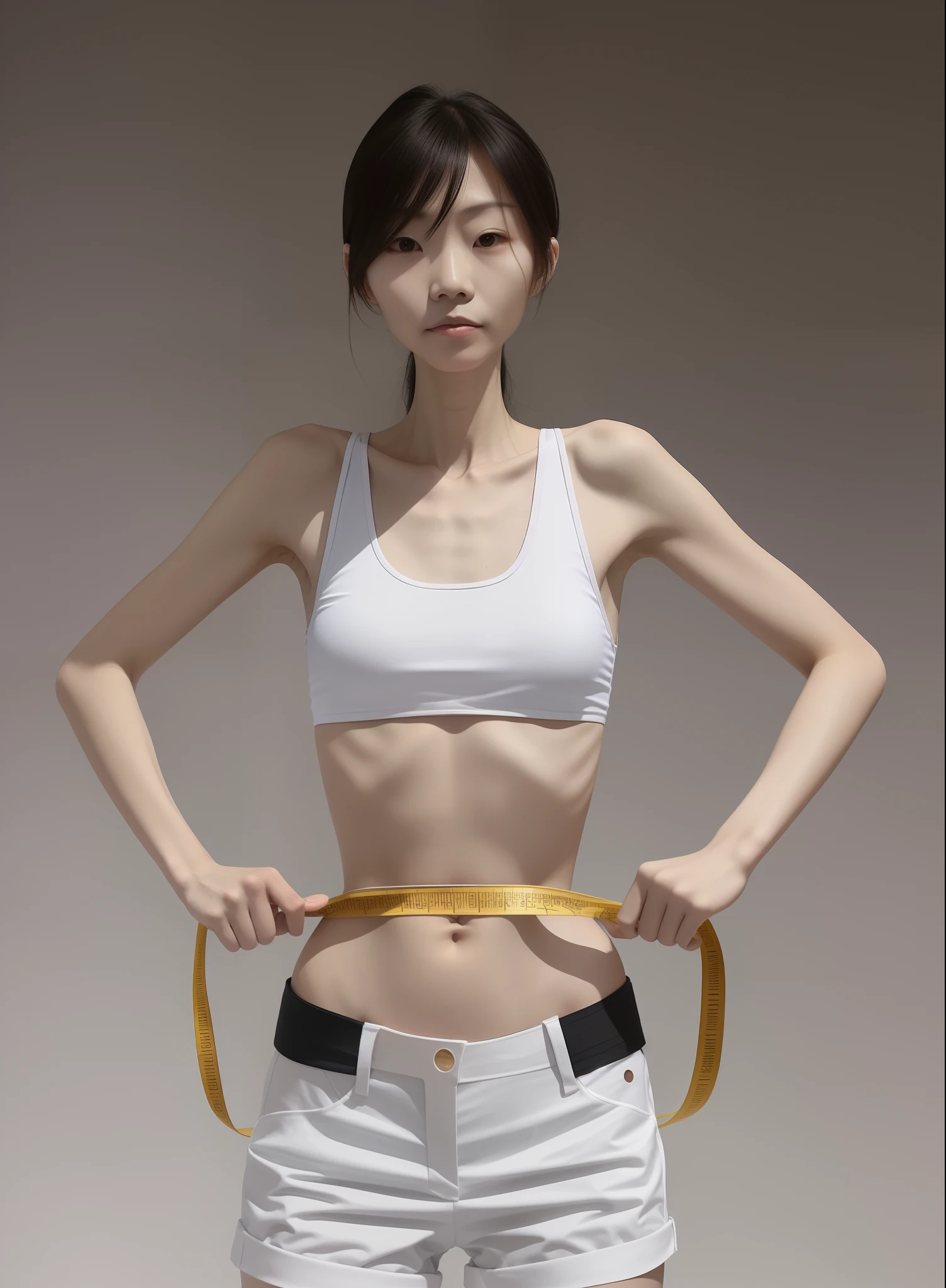 Emaciated body and hungry stomach，Very slim waist and legs，Thin figure，Sunken abdomen，Excessive weight loss