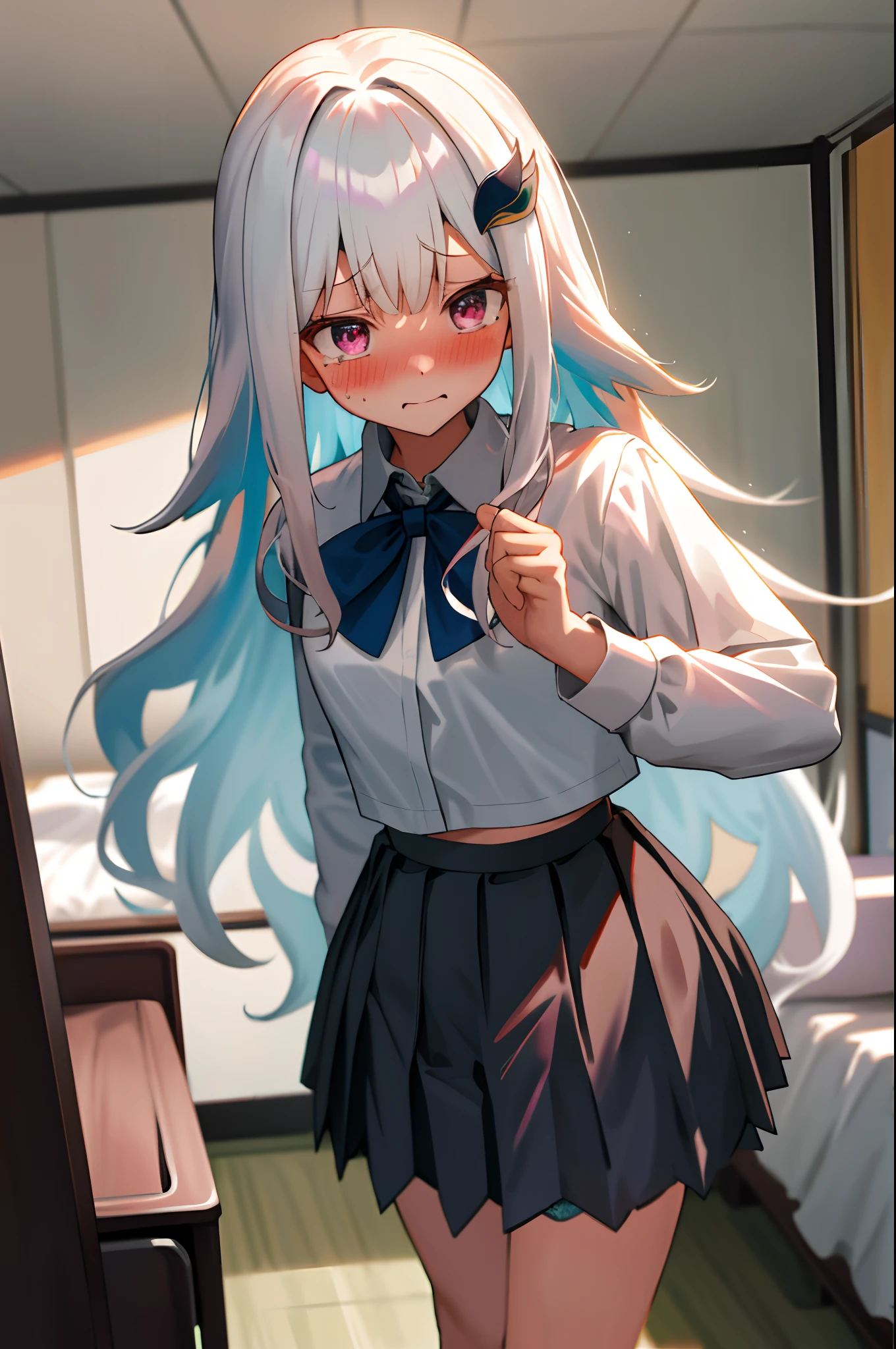 One girl with long hair, white hair, looking at viewer, embarrassed, blushing, tears, indoor, school bathrooms, white shirts, bow tie, pleated skirt , black skirt, mini skirt, bra visible, wets shirts, bra visible trough wets shirts, thigh, hair ornament, perfect waist