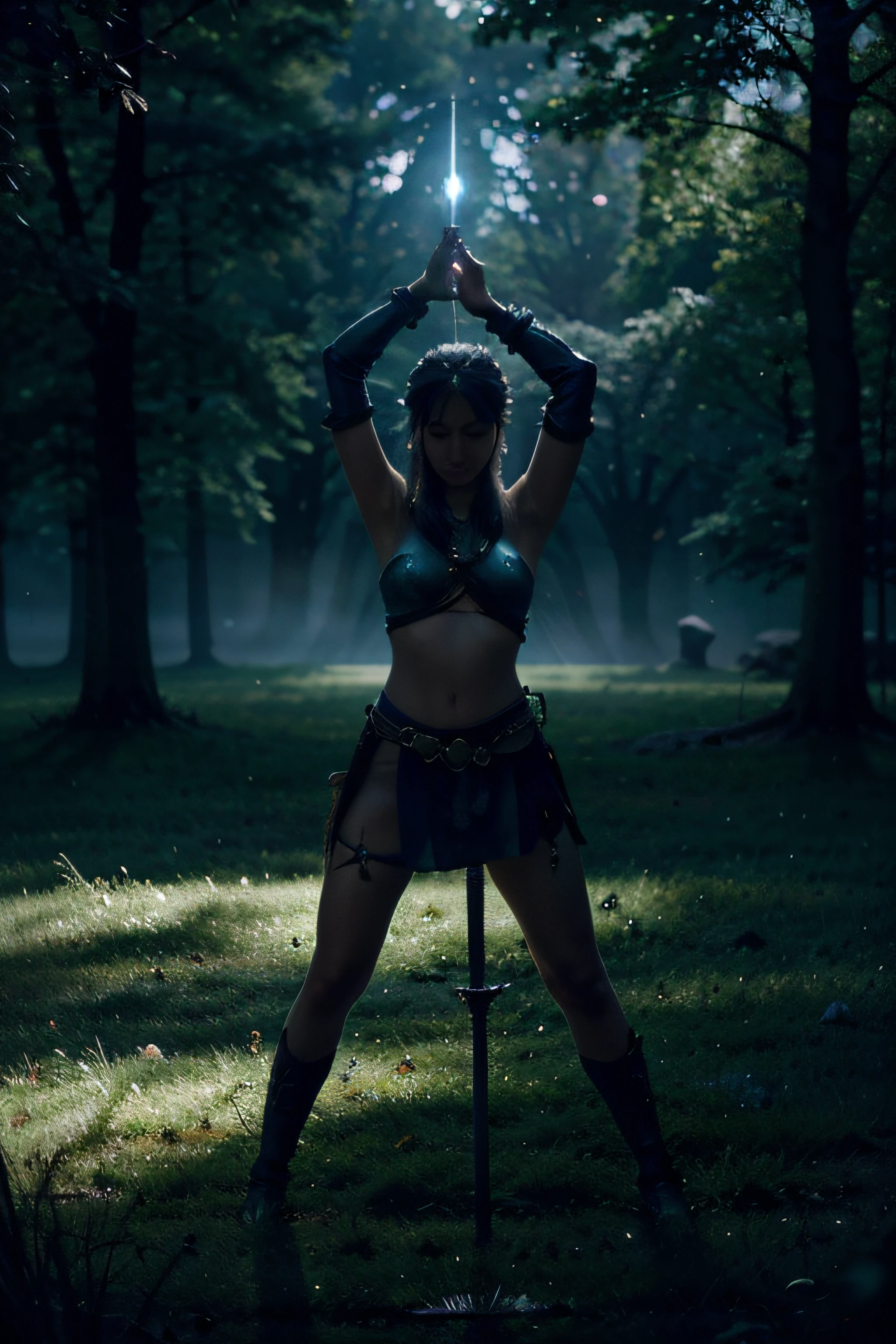 high quality, Imagine an enchanting scene in which a blue hazy heavenly glow illuminates a hill adorned with many swords, In this surreal landscape, picture a captivating beautiful female swordsman, her silhouette defined by the soft moonlight, She stands in a posture of reverence, holding a sword adorned with runic inscriptions, Her eyes are closed in a meditative prayer, surrounded by the mystical energy emanating from the runic markings, Each rune tells a tale of ancient power, and as she prays, the swords around her resonate with the echoes of legendary heroes, enhances the ethereal beauty of the scene, creating a moment where the magical and the mortal intertwine seamlessly, by yukisakura, awesome full color,