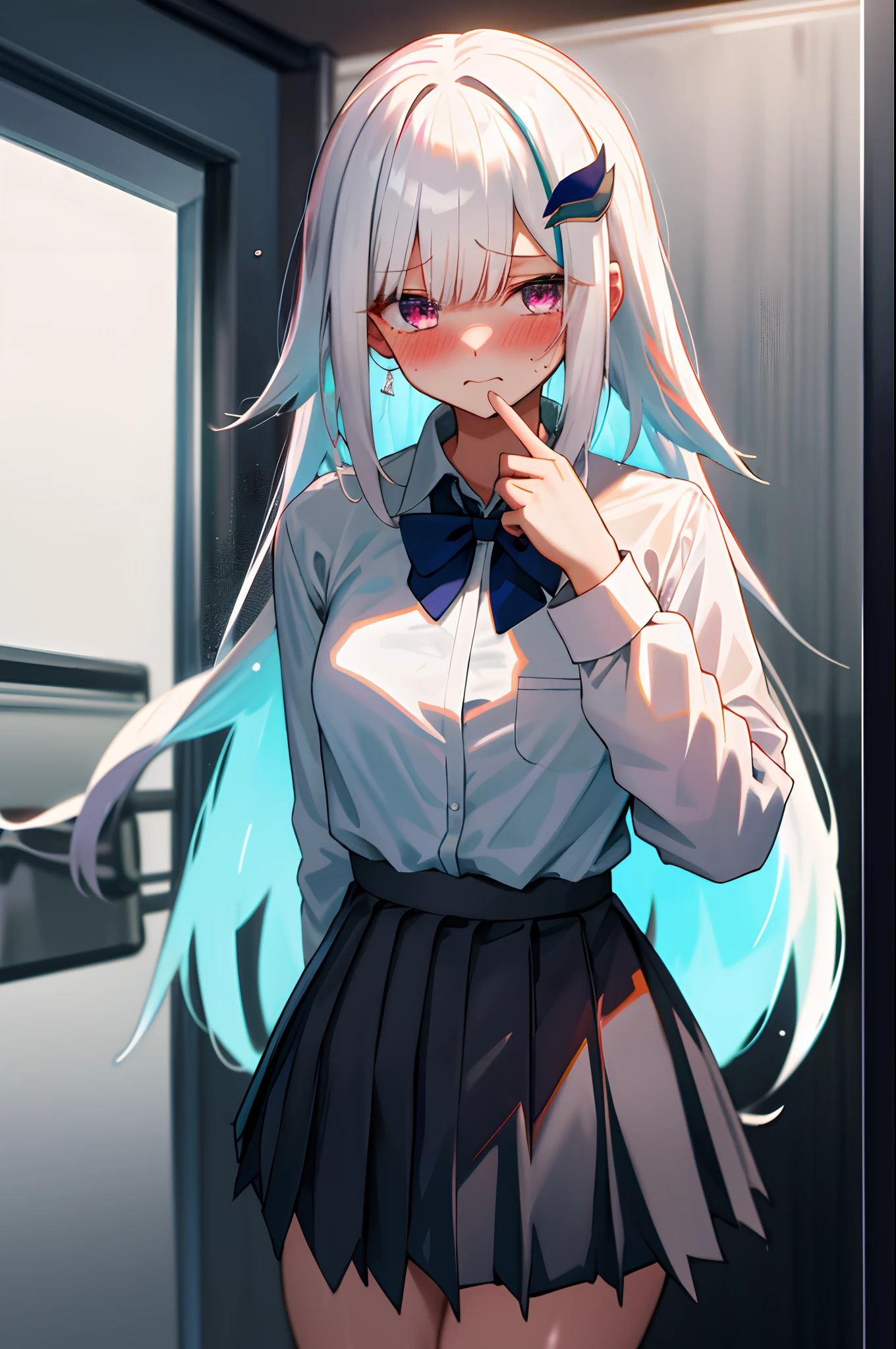 One girl with long hair, white hair, looking at viewer, embarrassed, blushing, tears, indoor, school bathrooms, white shirts, bow tie, pleated skirt , black skirt, mini skirt, bra visible, wets shirts, bra visible trough wets shirts, thigh, hair ornament, perfect waist