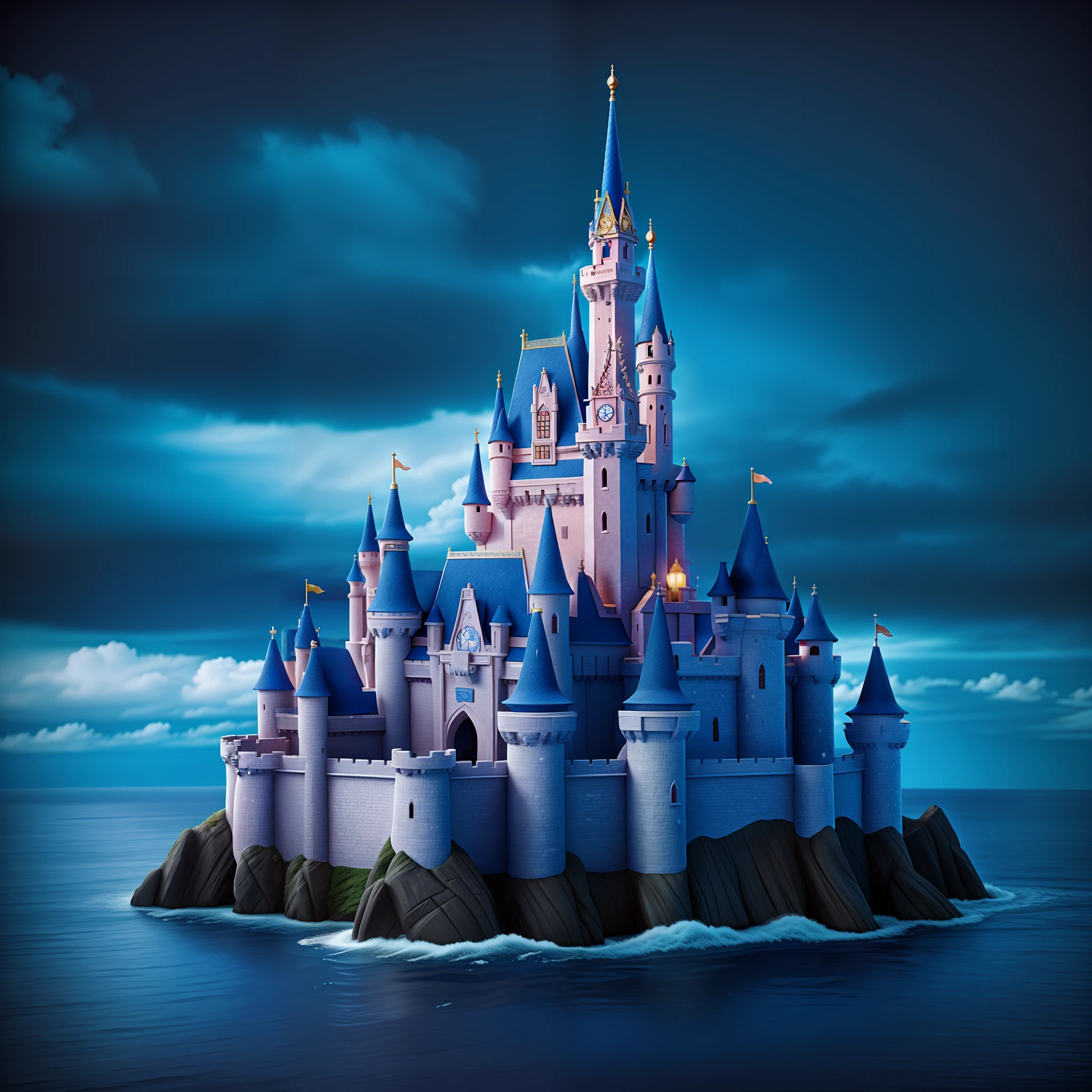 Disney style castle, in the middle of the ocean with spectacular sky, high quality