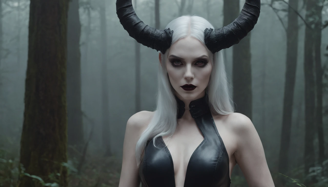 Pale white skin demon woman with horns dressed in leather leotard in a dark forest, forest at night, foggy wood, horror movie, ultra detailed, photorealistic, masterpiece.