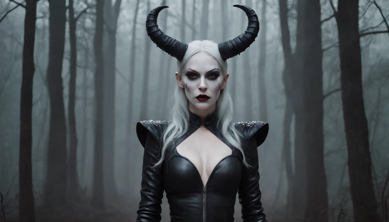 Pale white skin demon woman with horns dressed in leather leotard in a dark forest, forest at night, foggy wood, horror movie, ultra detailed, photorealistic, masterpiece.