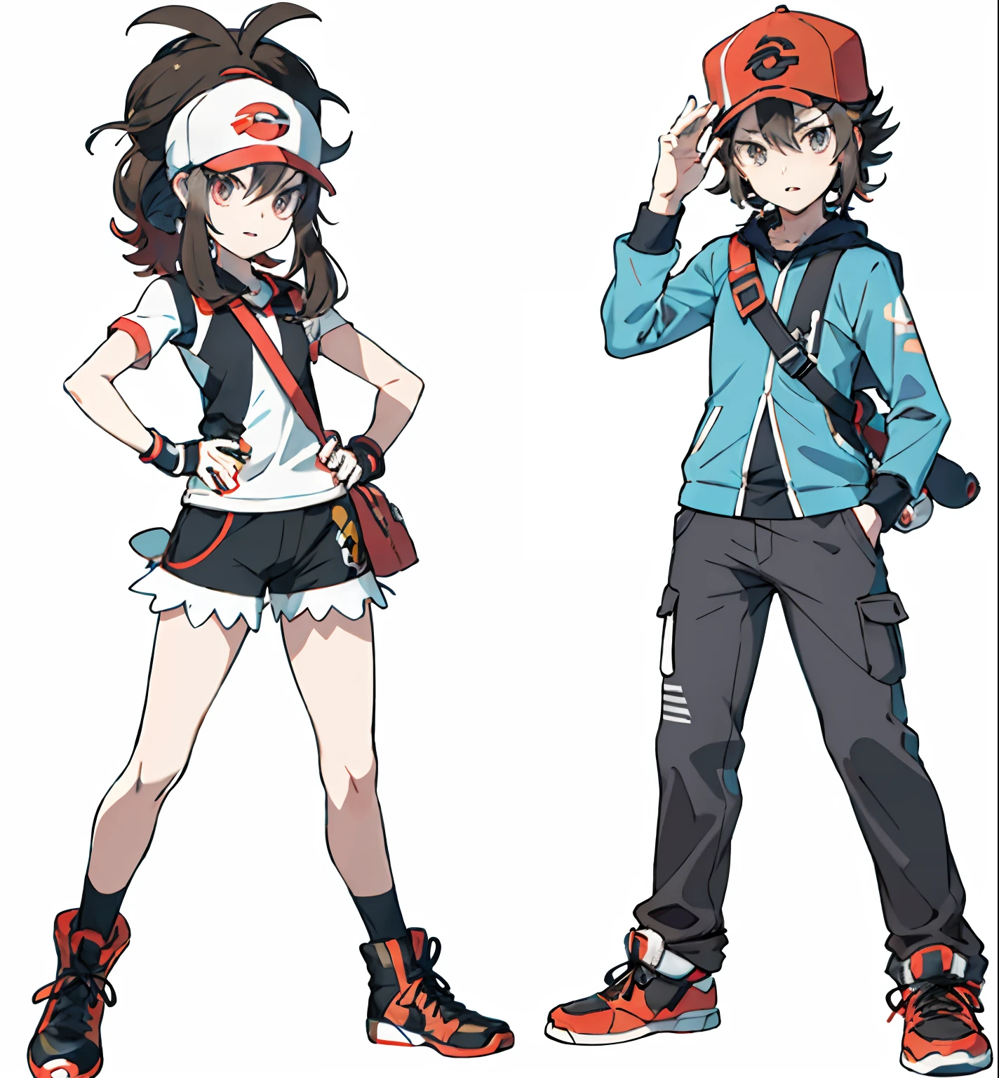 pokemon characters are standing next to each other in different poses, pokemon trainer outfit, pokemon trainer, new pokemon, pokemon sword and sheild, pokemon style, official art, sirius a and sirius b, pokemon anime style, pokemon art style, puce and vermillion, medium shot of two characters, hq artwork, mega scans, for pokemon black and white, two characters