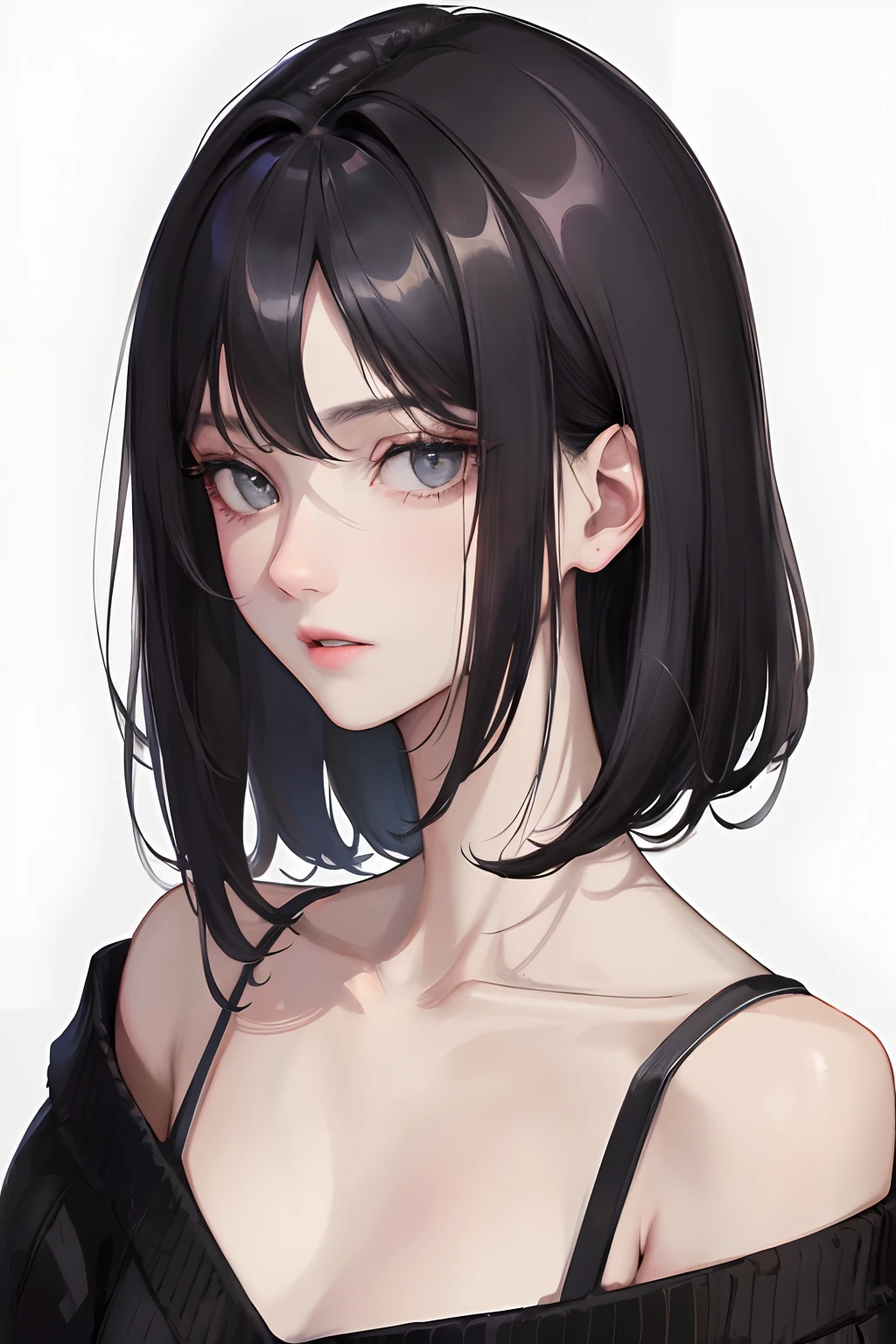 (Top resolution、Distinct_image)top-quality、femele、masterpiece、ighly detailed、Semi-realistic、Black short hair、Dark hair、grey eyes、bangss、21years old、shoulder-length hair、Mature、年轻、v-neck sweater、Exquisite facial features、Facial features