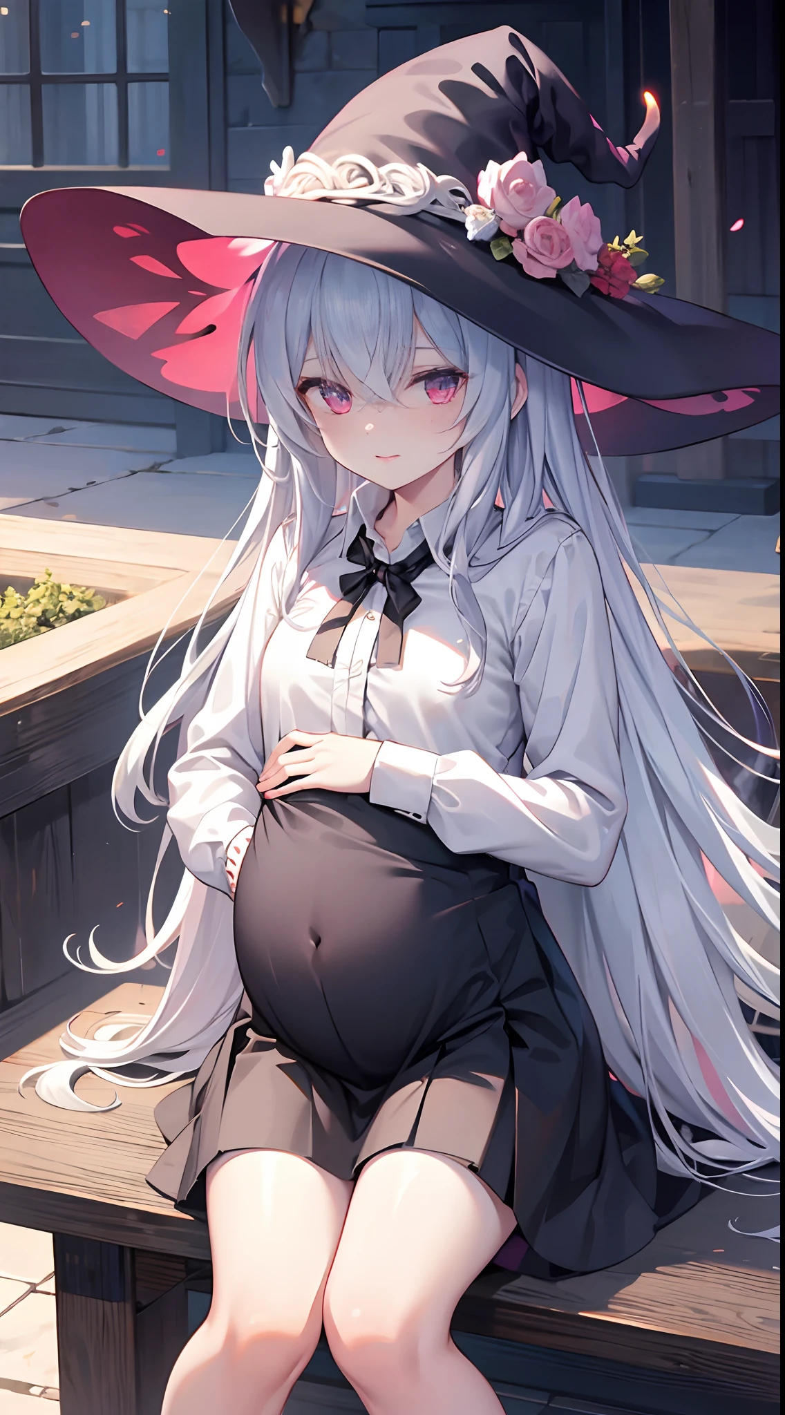 the witch,Hell scenes,Dark wind, black skirt, white shirt, black cloal, pregnant, red eyes