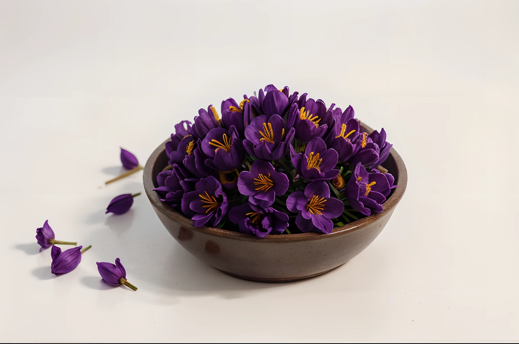 A large number of saffron flowers on a white background, purple color, excellent quality