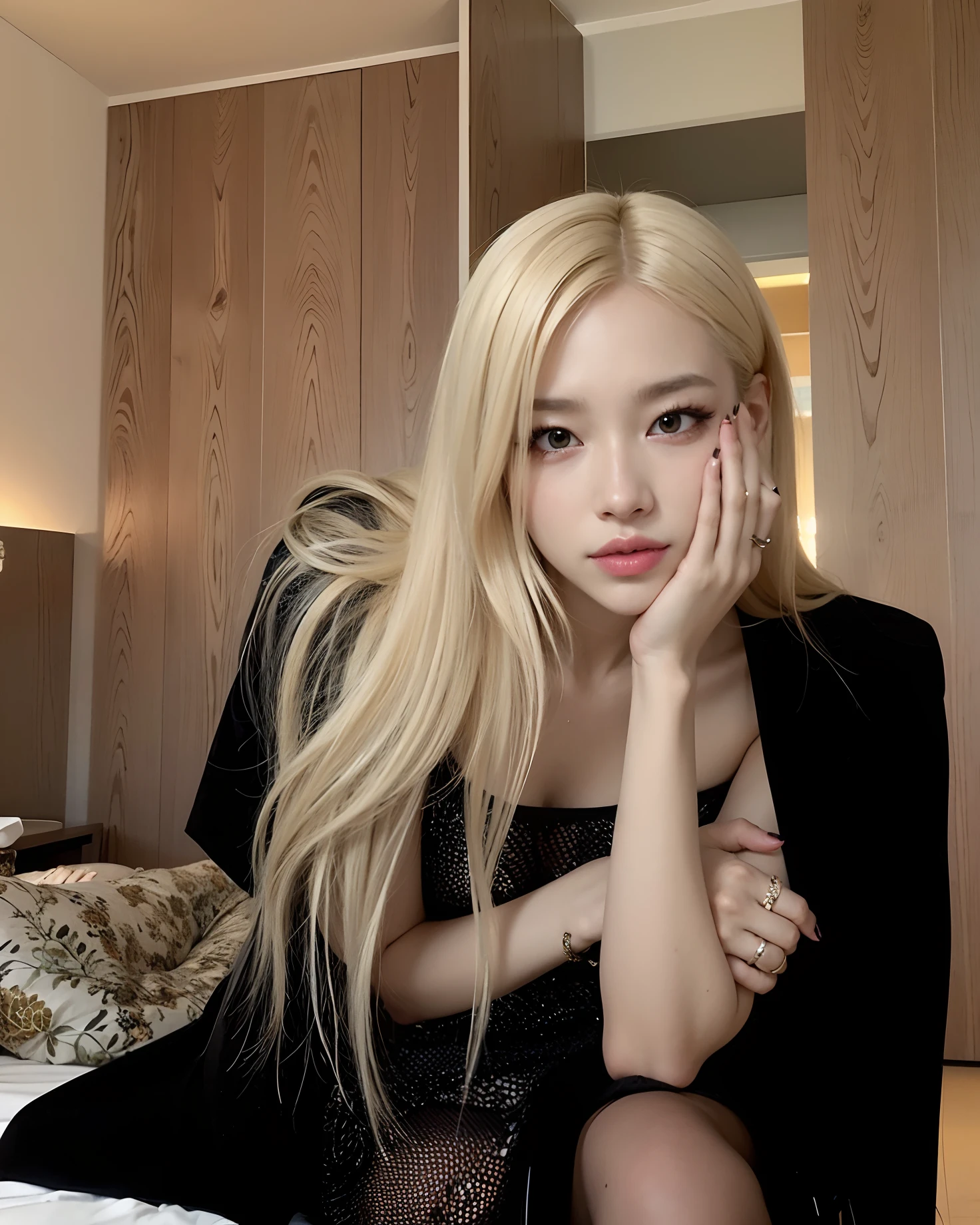 Blonde woman sitting on a bed with her hand on her face, Parque Roseanne do Blackpink, Retrato de Jossi de Blackpink, jossi do blackpink, jia, Retrato Jisoo Blackpink, Jisoo do Blackpink, jisoo do blackpink, menina coreana, Heonhwa Choe, Lalisa Manoban do Blackpink, Jinyoung Canela, com longos cabelos loiros, com longos cabelos brancos