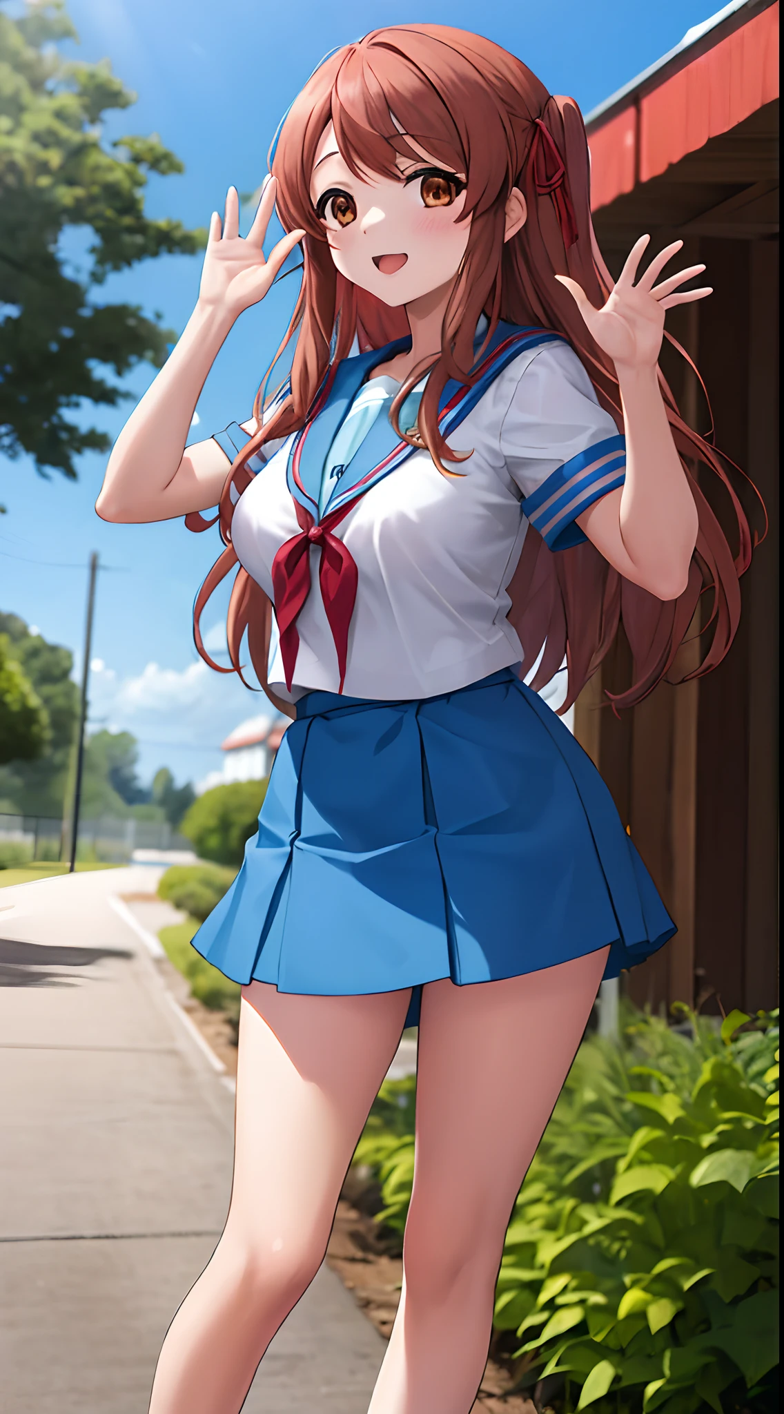 mikuru1, 1girl, asahina mikuru, long hair, kita high school uniform, solo, blue sailor collar, sailor collar, serafuku, blue skirt, skirt, short sleeves, red ribbon, large breasts, cowboy shot, waving, outdoors, leaning forward,