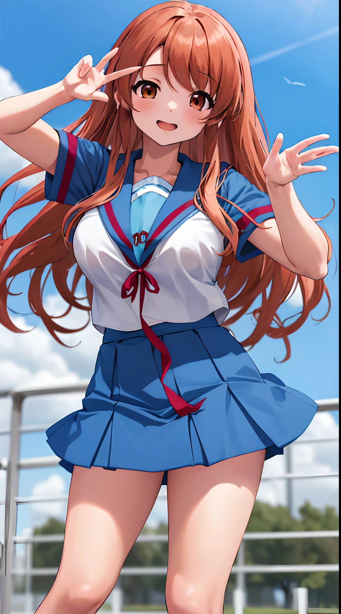 mikuru1, 1girl, asahina mikuru, long hair, kita high school uniform, solo, blue sailor collar, sailor collar, serafuku, blue skirt, skirt, short sleeves, red ribbon, large breasts, cowboy shot, waving, outdoors, leaning forward,