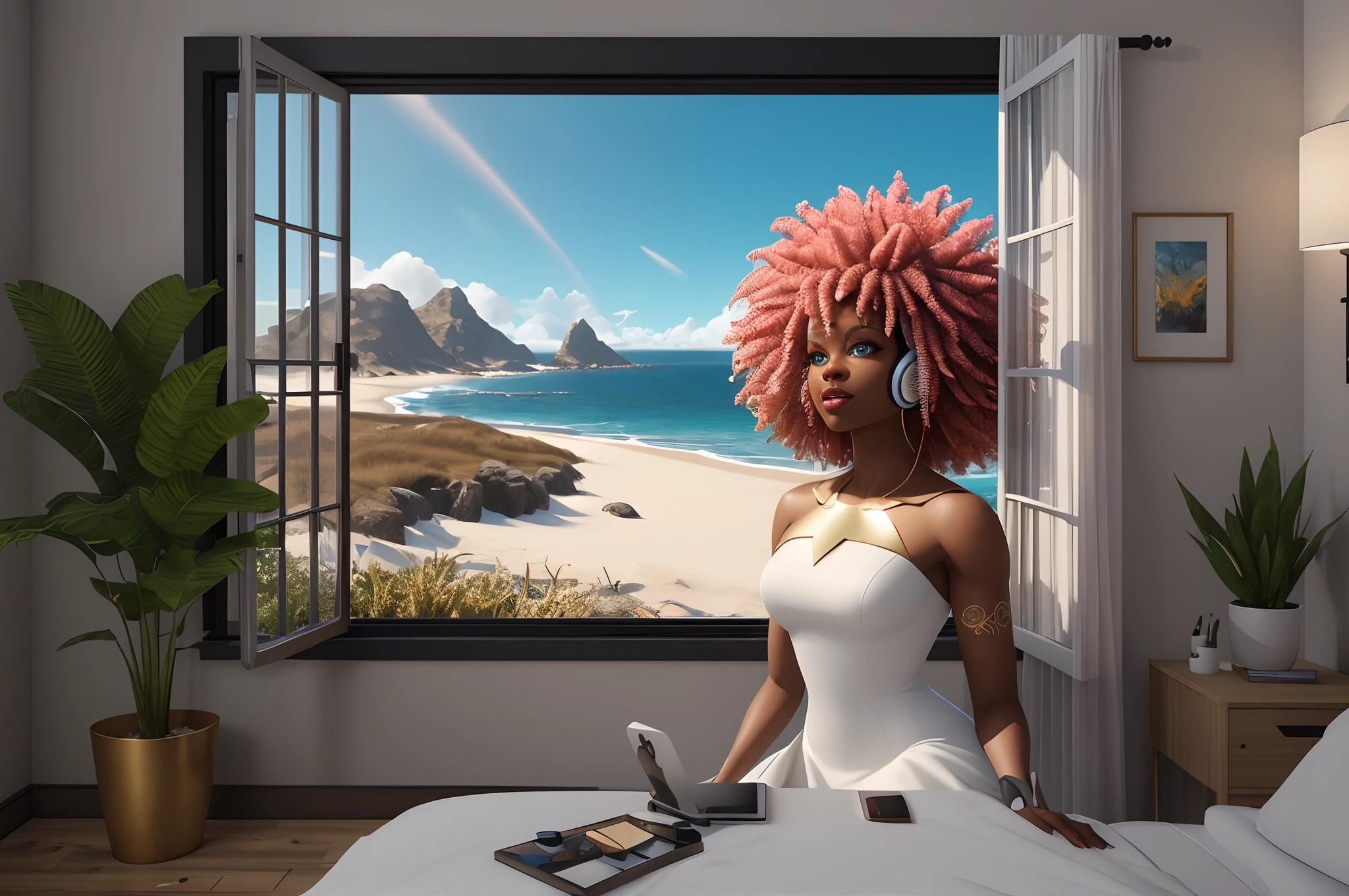 3D Vinyl Sticker Cartoon, Retro Gorgeous Beautiful Afro Goddess dressed in a White and Gold Designer elegant ornate dress listening to headphones in a Retro Futuristic bedroom/study Cozy Boho styled interior with an epic cracking fireplace, lots of plants, pink and and gold colors bookshelf, 3d art, with an Ethereal Animated Oceanside view, animated cinematic lighting masterpiece, Chill aesthetic, HD, 4k resolution, Close up, clear, volumetric lighting