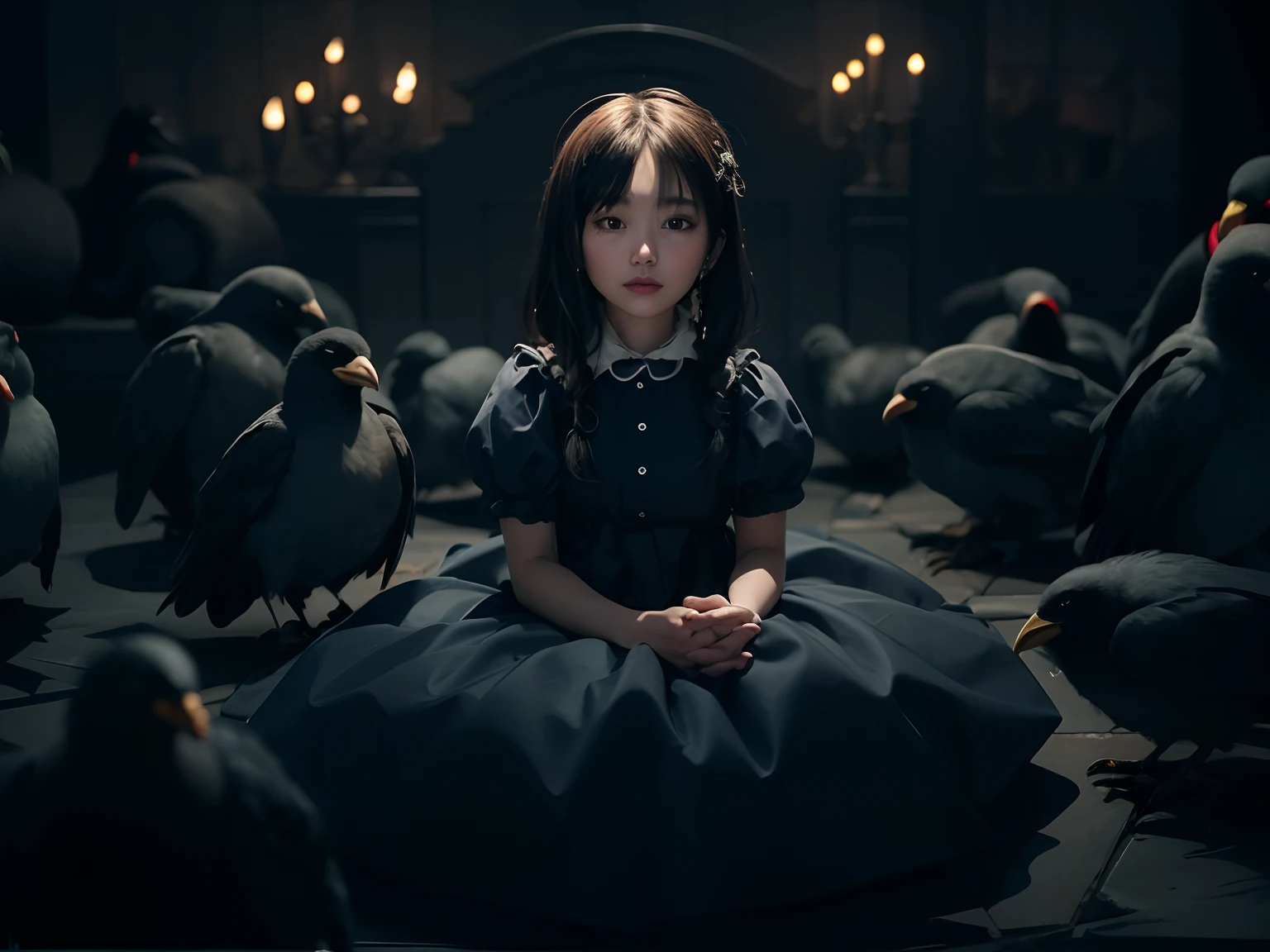 (Best quality, 8k, 32k, Masterpiece, UHD:1.2), Photo of Pretty Japanese woman, medium size breasts, bob hairstyle, sexy girl, dramatic lighting, crows, princess, black dress