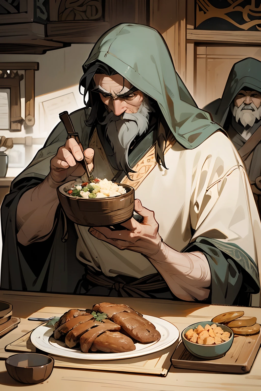 An Old Norse style illustration depicting a Viking king, Jesus, Genghis Khan, and an alien having a meal together, now with the addition of Bigfoot. The scene is set around a wooden table filled with traditional Viking foods. Bigfoot is integrated into the scene, appearing to fit with the group while maintaining his mythical appearance. The figures are adorned in their cultural attires, and the alien is designed to look distinct but appropriate for the setting. The artwork has a rustic, rugged aesthetic, with faded colors and rough textures to evoke an ancient feel. The image is bordered with ornate Norse patterns. There should be more details in the characters' faces, clothing, and the food on the table to enhance the overall richness of the scene. The image should be adjusted to the resolution of 720*1280