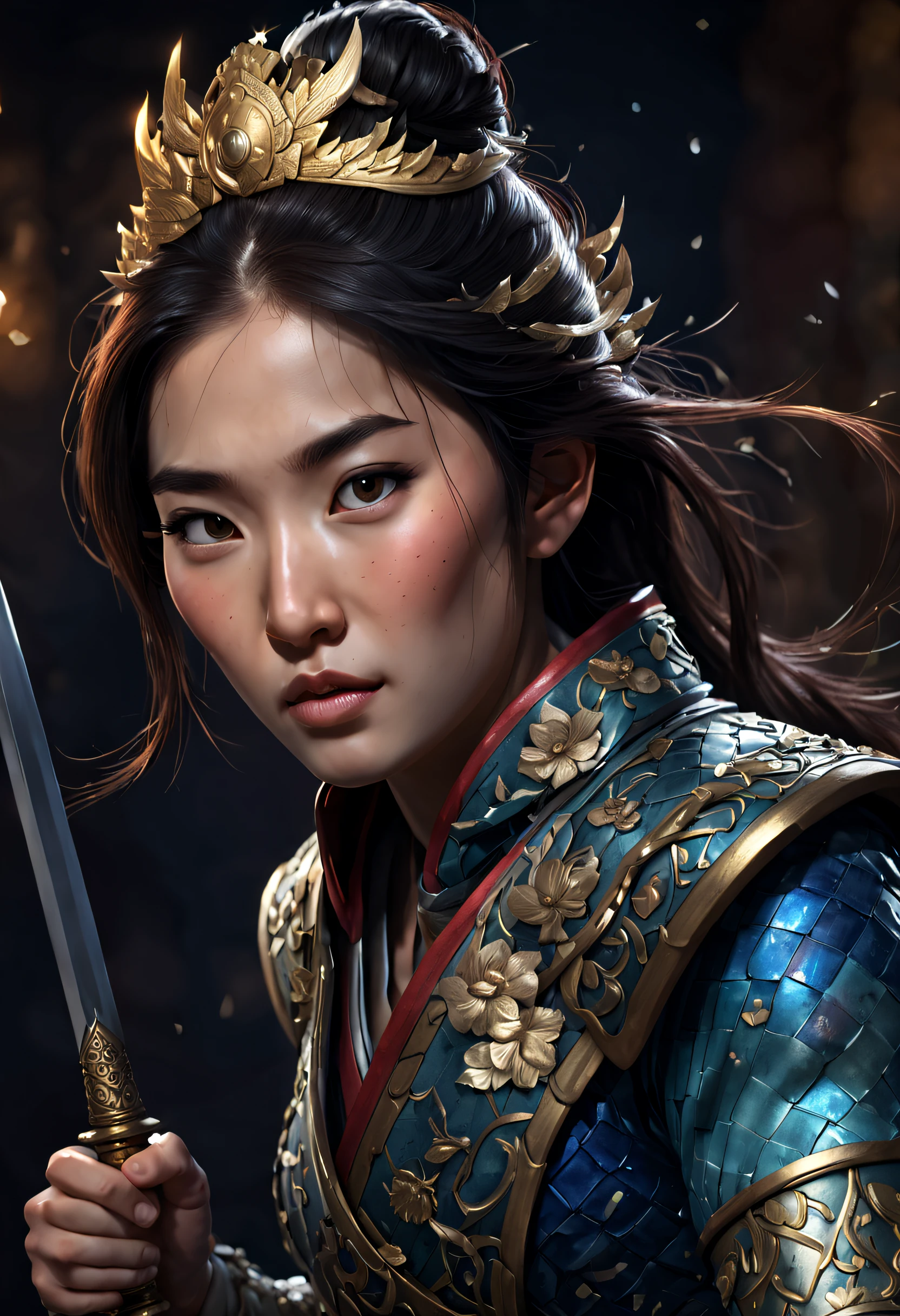 a 3D render (Close-up of Mulan holding a sword), （A sword that glows with cold light：1.2），（A sword with a dragon pattern：1.3），The surface of the sword is as smooth as a mirror，Cold light flashes，The hilt of the sword is inlaid with precious jade and wood，The upper body wears dark blue armor made of fish scales and iron， The armor was also inlaid with golden stars，floral embroidery，, Martial arts, Kungfu, Chinese exquisite clothing, ， 
1 Mulan, Solo, Ancient wind，
 Background with: It was snowing heavily，It was snowing heavily，It was snowing heavily in the sky， Hurricane weather，vortex,,{{Masterpiece}}, {{{Best quality}}},{{Ultra-detailed}}, {{illustration}},{{Disheveled hair}},{{Masterpiece}},{{{Best quality}}},{{Ultra-detailed}}, {{{illustration}}},{{Disheveled hair}},Clear facial features,close up photograph,,Alphonse Mucha,Pixar style,Cartoon style,beatrix potter ,Refined atmosphere,Intense atmosphere, microscopic view,Close-up(CU),Extreme closeup,back Lighting,