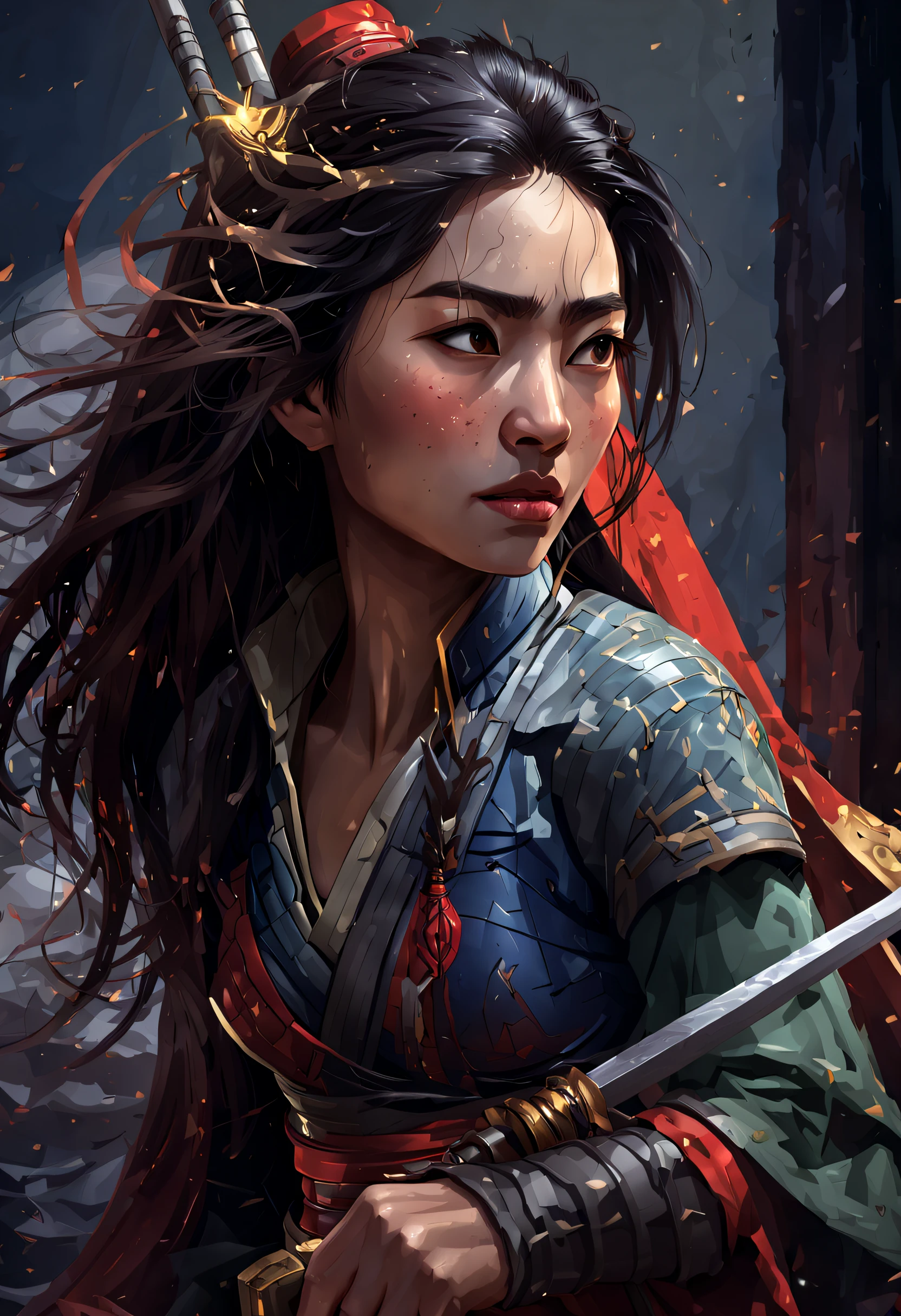 a 3D render (Close-up of Mulan holding a sword), （A sword that glows with cold light：1.2），（A sword with a dragon pattern），The surface of the sword is as smooth as a mirror，Cold light flashes，The hilt of the sword is inlaid with precious jade and wood，The upper body wears dark blue armor made of fish scales and iron， Very long hair, Ebony hair, Big black eyes, Long eyelashes, Sexy red lips, Resolute expression, disney movie《Mulan》, Martial arts, Kungfu, Chinese exquisite clothing, ， 

 Background with: It was snowing heavily，It was snowing heavily，It was snowing heavily in the sky， Hurricane weather，vortex,,{{Masterpiece}}, {{{Best quality}}},{{Ultra-detailed}}, {{illustration}},{{Disheveled hair}},{{Masterpiece}},{{{Best quality}}},{{Ultra-detailed}}, {{{illustration}}},{{Disheveled hair}},Clear facial features,close up photograph,,Alphonse Mucha,Pixar style,Cartoon style,beatrix potter ,Refined atmosphere,Intense atmosphere, microscopic view,Close-up(CU),Extreme closeup,back Lighting,