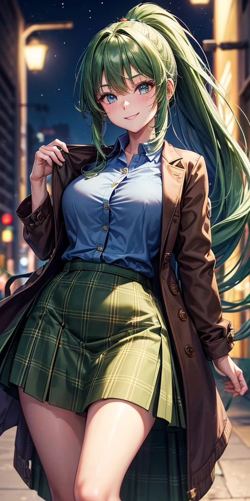 1girl, solo, full body, christmas, christmas tree, street, night, lights, giving gift, long hair, green hair, ponytail, large breasts, button down, ((opened brown short jacket)), dark blue eyes, ((blue shirt)), checked shirt, ((long skirt)), smile, looking at the viewer, standing