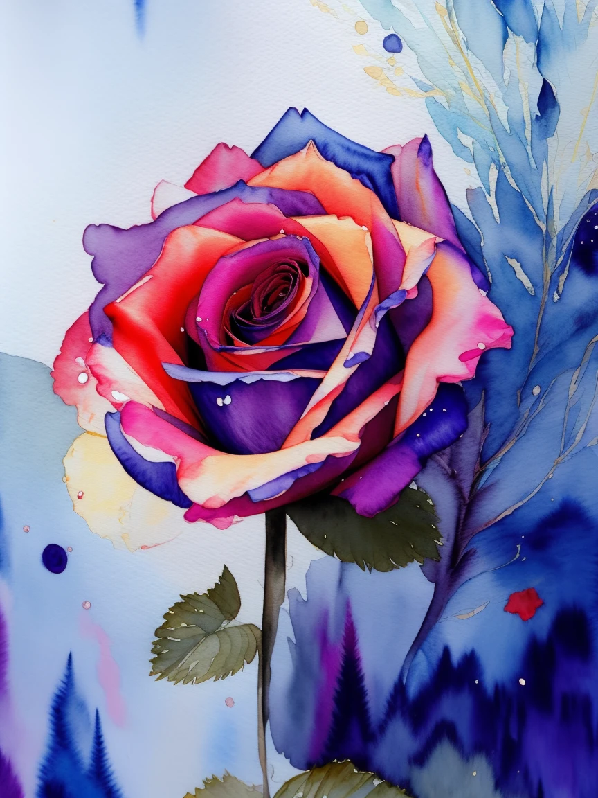 The big blue fairy rose ,wtrcolor style, (rose) digital art, official art, blown by the wind, masterpiece, beautiful, ((watercolor)), paint splatter, intricate detail. Great detail, [dripping:0.7], Trending on Artstation, Rachel Walker