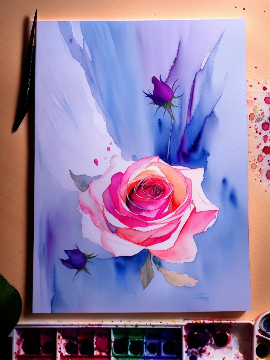 The big blue fairy rose ,wtrcolor style, (rose) digital art, official art, blown by the wind, masterpiece, beautiful, ((watercolor)), paint splatter, intricate detail. Great detail, [dripping:0.7], Trending on Artstation, Rachel Walker