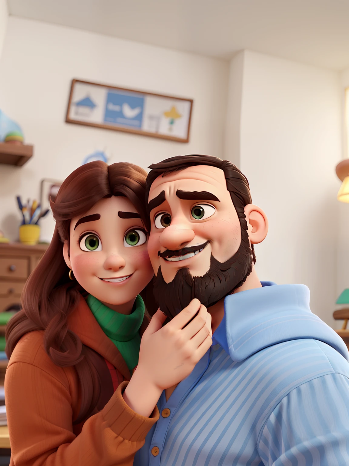 Um casal, ela loira, ele moreno claro barba, camisa quadriculada, estilo disney pixar, alta qualidade, melhor qualidade
