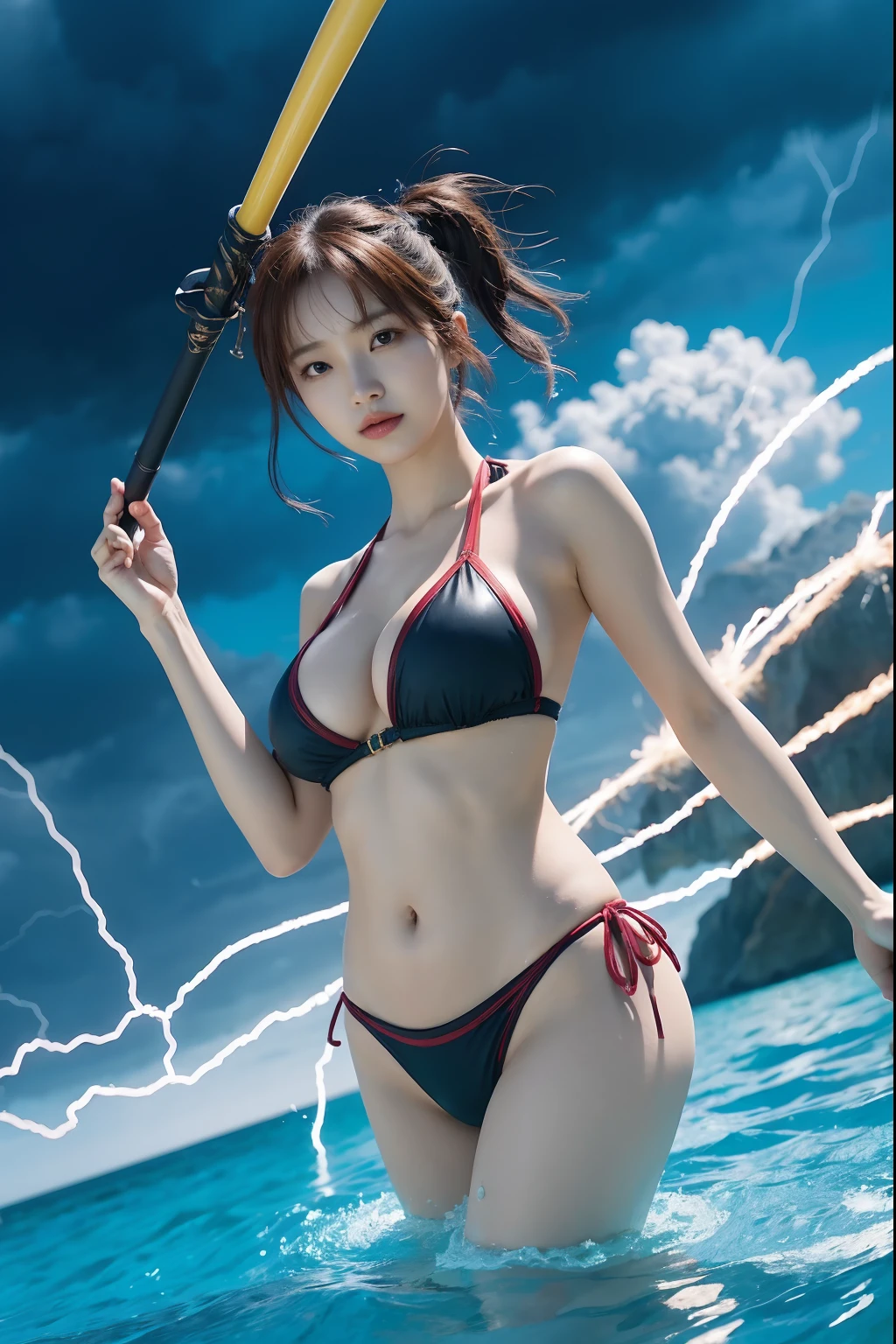 there is a woman in a skimpy bikini holding a baseball bat, nami from one piece, nami one piece, deviantart artstation cgscosiety, splashes of lightning behind her, epic digital art illustration, goddess of lightning, epic fantasy digital art style, epic fantasy digital art, 2. 5 d cgi anime fantasy artwork, mermaid cyborg with a laser whip, gorgeous young korean woman, inspired by Kim Deuk-sin, photo of slim girl model, sakimichan, thin waist, big breasts,taejune kim