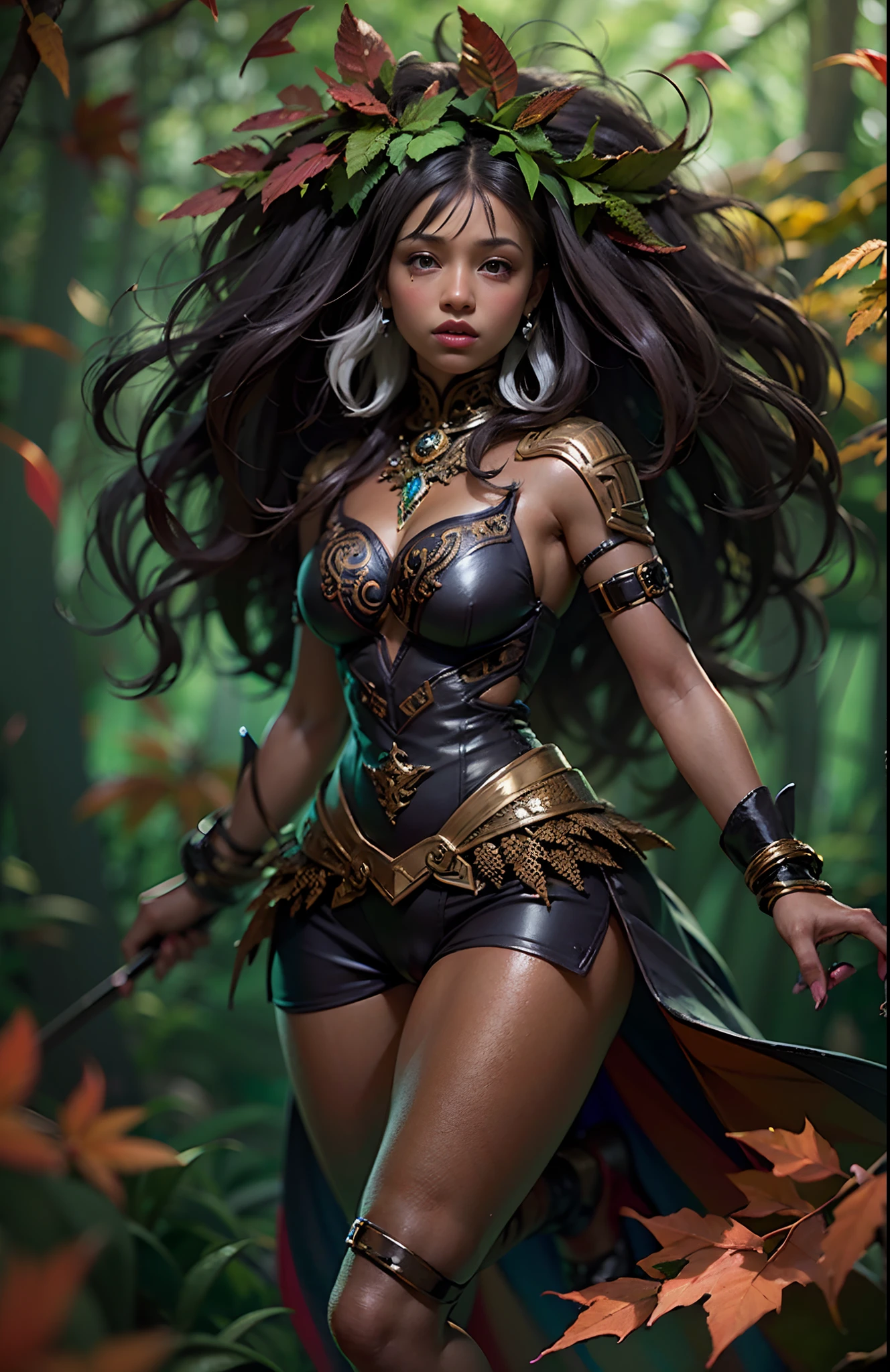 ((16-year-old))) black girl, (((light skin))), druid, magical aura surrounding her, she is in the forest with monsters surrounding her, (((thigh gap))), (((cameltoe))), (((close-up full body pose))), long black wavy hair, high heel boots, (((wearing leaves))), (((Dungeons and Dragons style art))), fantasy art, Rich, Deep Colours, (intricate details:0.9), (HDR, hyper-detailing:1.2), (natural skin textures, hyper realisitc, soft light, Sharp),