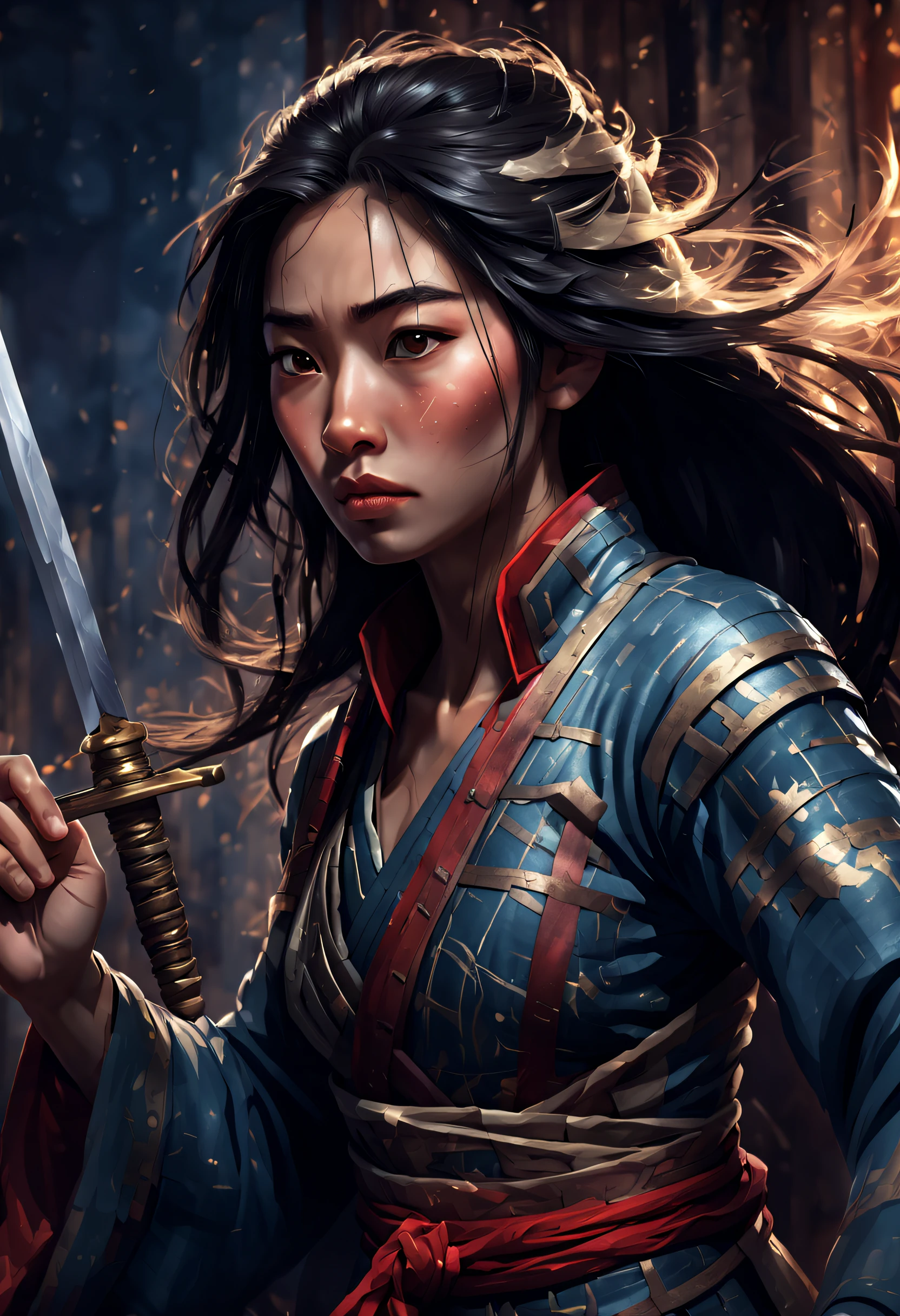 a 3D render (Close-up of Mulan holding a sword), （A sword that glows with cold light：1.2），（A sword with a dragon pattern），The surface of the sword is as smooth as a mirror，Cold light flashes，The hilt of the sword is inlaid with precious jade and wood，The upper body wears dark blue armor made of fish scales and iron， Very long hair, Ebony hair, Big black eyes, Long eyelashes, Sexy red lips, Resolute expression, disney movie《Mulan》, Martial arts, Kungfu, Chinese exquisite clothing, ，
 Background with: It was snowing heavily，It was snowing heavily，It was snowing heavily in the sky， Hurricane weather，vortex,,{{Masterpiece}}, {{{Best quality}}},{{Ultra-detailed}}, {{illustration}},{{Disheveled hair}},{{Masterpiece}},{{{Best quality}}},{{Ultra-detailed}}, {{{illustration}}},{{Disheveled hair}},Clear facial features,close up photograph,,Alphonse Mucha,Pixar style,Cartoon style,beatrix potter ,Refined atmosphere,Intense atmosphere, microscopic view,Close-up(CU),Extreme closeup,back Lighting,