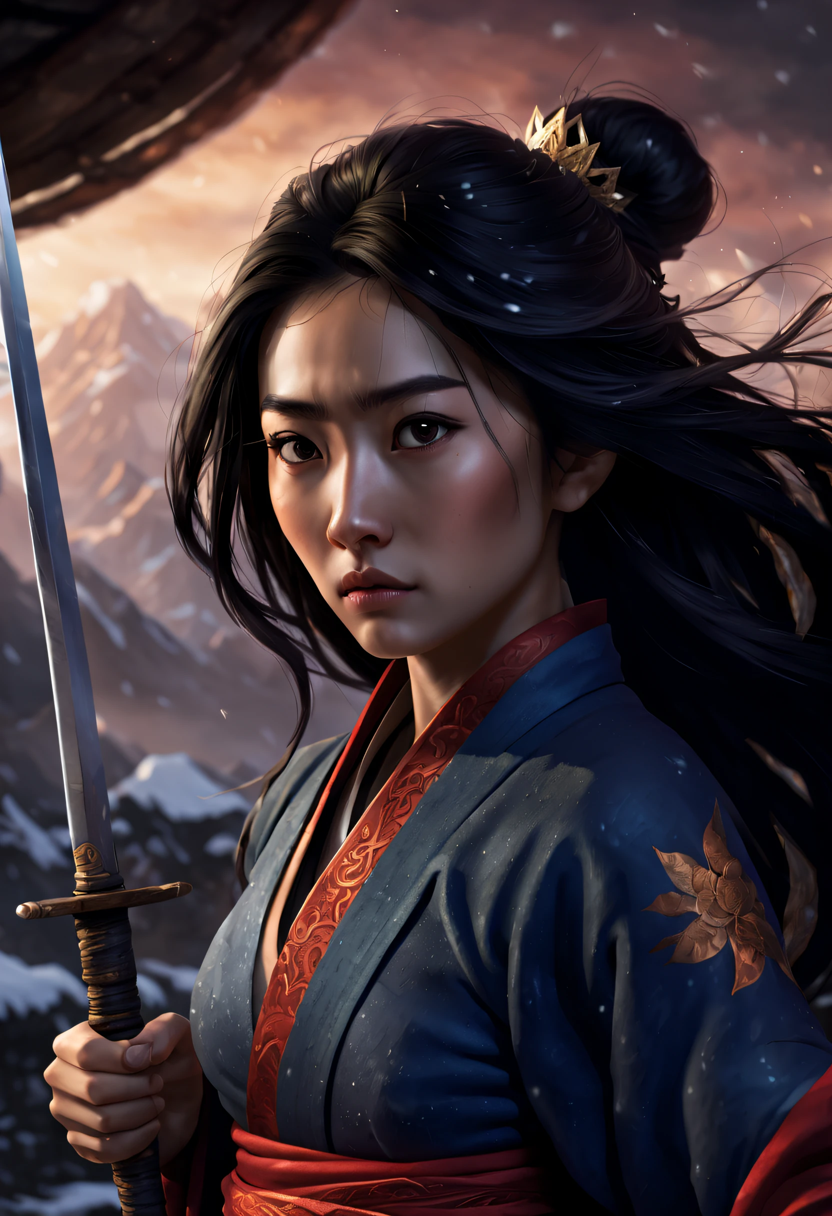 a 3D render (Close-up of Mulan holding a sword), （A sword that glows with cold light：1.2），（A sword with a dragon pattern），The surface of the sword is as smooth as a mirror，Cold light flashes，The hilt of the sword is inlaid with precious jade and wood，The upper body wears dark blue armor made of fish scales and iron， Very long hair, Ebony hair, Big black eyes, Long eyelashes, Sexy red lips, Resolute expression, disney movie《Mulan》, Martial arts, Kungfu, Chinese exquisite clothing, ， Background with: It was snowing heavily，It was snowing heavily，It was snowing heavily in the sky， Hurricane weather，vortex,,{{Masterpiece}}, {{{Best quality}}},{{Ultra-detailed}}, {{illustration}},{{Disheveled hair}},{{Masterpiece}},{{{Best quality}}},{{Ultra-detailed}}, {{{illustration}}},{{Disheveled hair}},Clear facial features,close up photograph,,Alphonse Mucha,Pixar style,Cartoon style,beatrix potter ,Refined atmosphere,Intense atmosphere, microscopic view,Close-up(CU),Extreme closeup,back Lighting,