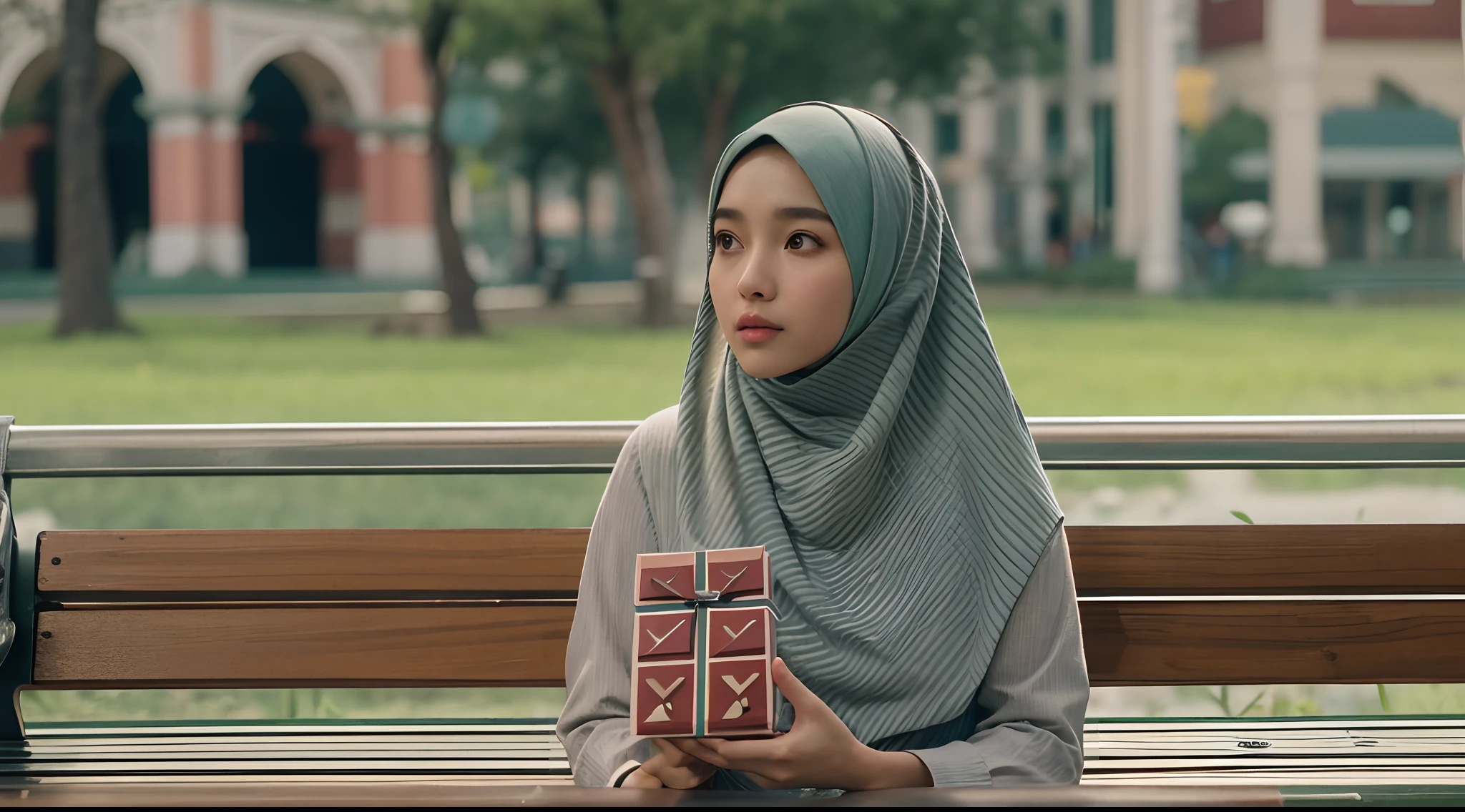 Create a cinematic film still inspired by 'Forrest Gump' with a Malay girl in hijab sitting on a bench, holding a box of chocolates, waiting for someone. photo taken using Panavision DXL2, 28mm lens, Establishing shot, muted color grading, cinemascope, drama, high quality, ultra detailed, 8k resolution,.
