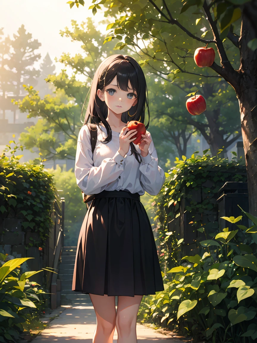 Potrait photography of Beautiful girl, wear casual dress, standing in front of tree, eating apple, illuminated by sunlight, closeup shot, nature, cozy, beautiful light, masterpiece, vibrant