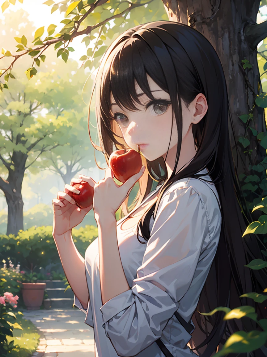 Potrait photography of Beautiful girl, wear casual dress, standing in front of tree, eating apple, illuminated by sunlight, closeup shot, nature, cozy, beautiful light, masterpiece, vibrant