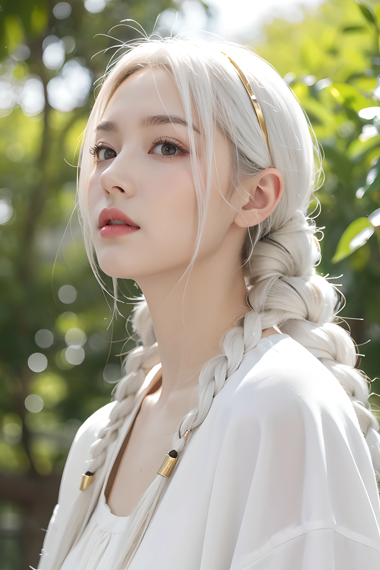 Best quality, Masterpiece,White hair, Gold eyes,White clothes, Looking up, Upper body,Hairline,Fair skin,Side braids