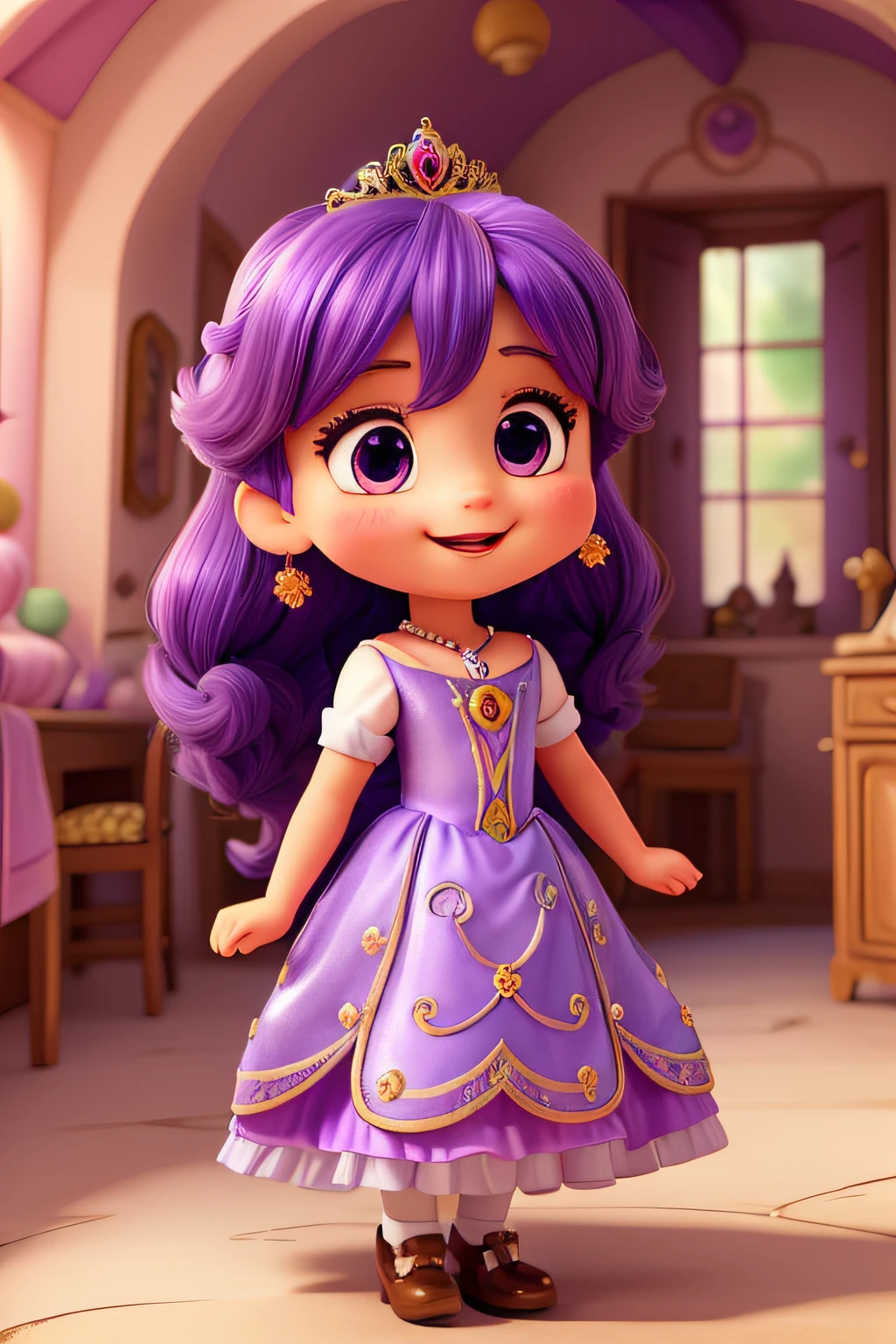 Draw an adorable illustration of a princess in purple dress, cabelos azuis brilhantes e um sorriso lindo e alegre no rosto. The princess is surrounded by an enchanting and magical environment that highlights her happiness and joy. Let your imagination run wild and create an enchanting scene that conveys the captivating personality of this little princess in her fairytale world.