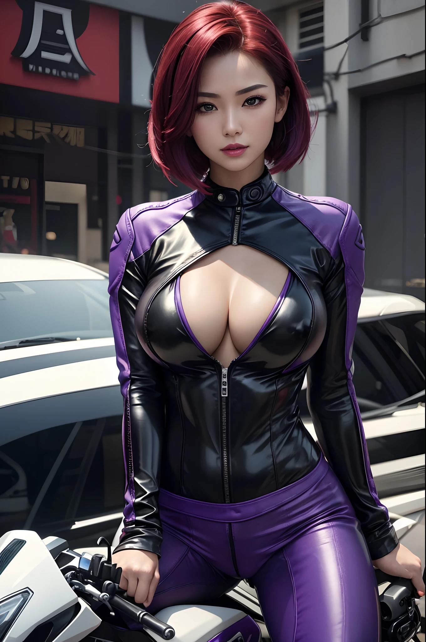 8k,超A high resolution,top-quality、​masterpiece、The ultra -The high-definition、(Realistic in photos:1.4)、(1 milf)、(riding on motorcycle)、long-sleeve、(Sexy racing suit in leather purple and white)、(Red Bob Hair)、(wetting hair)、ultra detailed human face、ultradetailed teeth、red lipsticks、circuit、Race bikes、enticing,large full breasts,A seductive gaze,Riding a motorcycle,The chest is open,