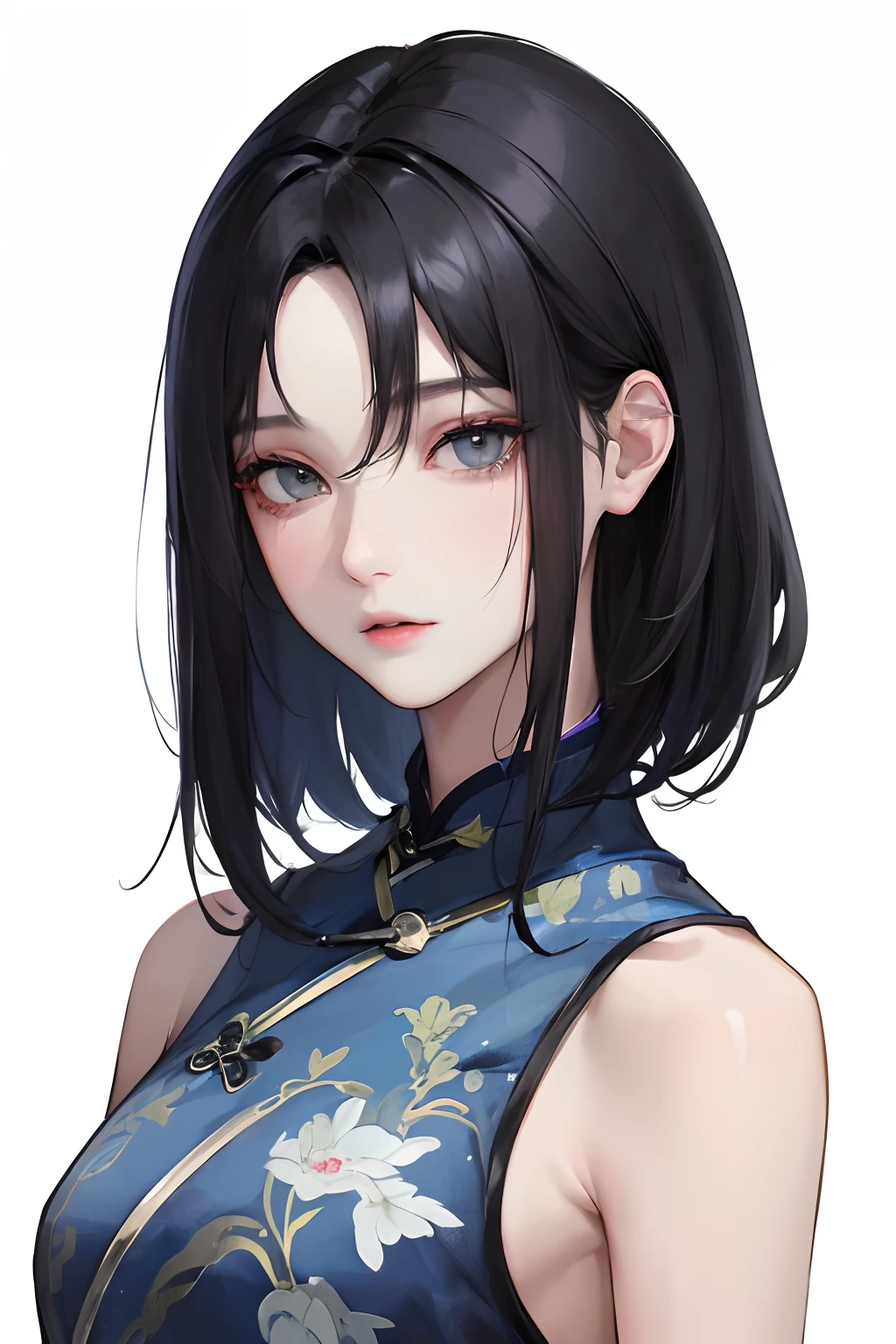 (Top resolution、Distinct_image)top-quality、femele、masterpiece、ighly detailed、Semi-realistic、Black short hair、Dark hair、grey eyes、bangss、21years old、shoulder-length hair、Mature、年轻、 blue cheongsam、Exquisite facial features、Facial features