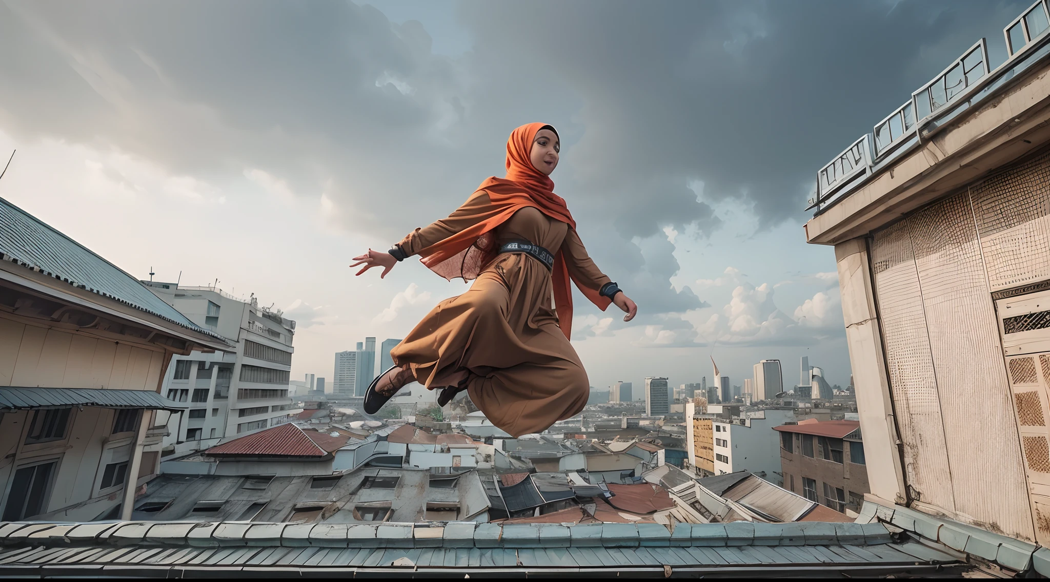 Create a film still with a Malay girl in hijab leaping across a rooftop in a high-octane action scene, reminiscent of 'Mission: Impossible.' Use a wide-angle lens and intense lighting to capture the tension and excitement