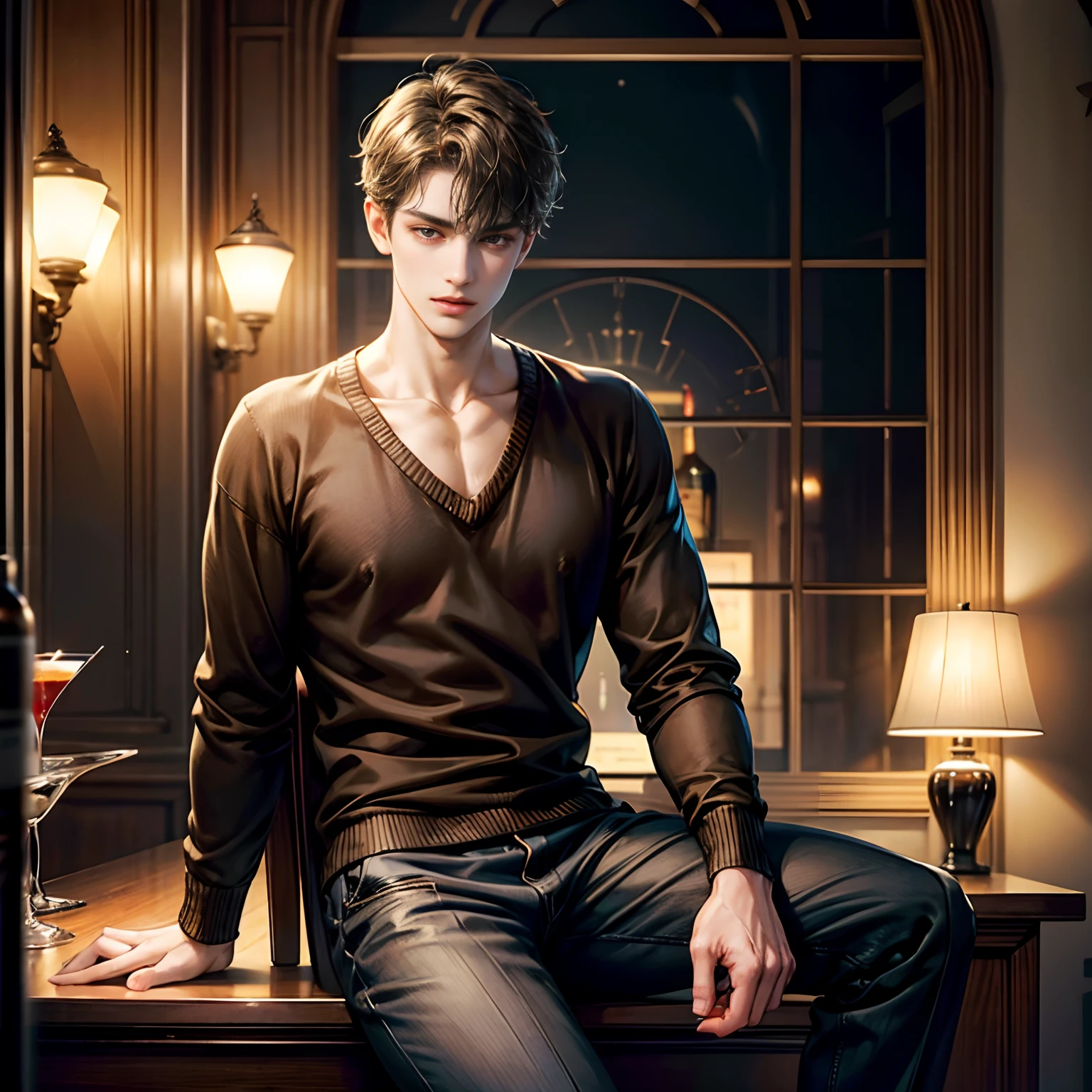 One Boy, Beautiful short brown hair, Sit on a chair in a cocktail bar:1.2、Realistic background、absurd details:1.8、masuter piece、hiquality、full body focus、Beautiful black eyes:1.8, An ultra-high picture quality, Wearing a Camel V-neck sweater:1.5