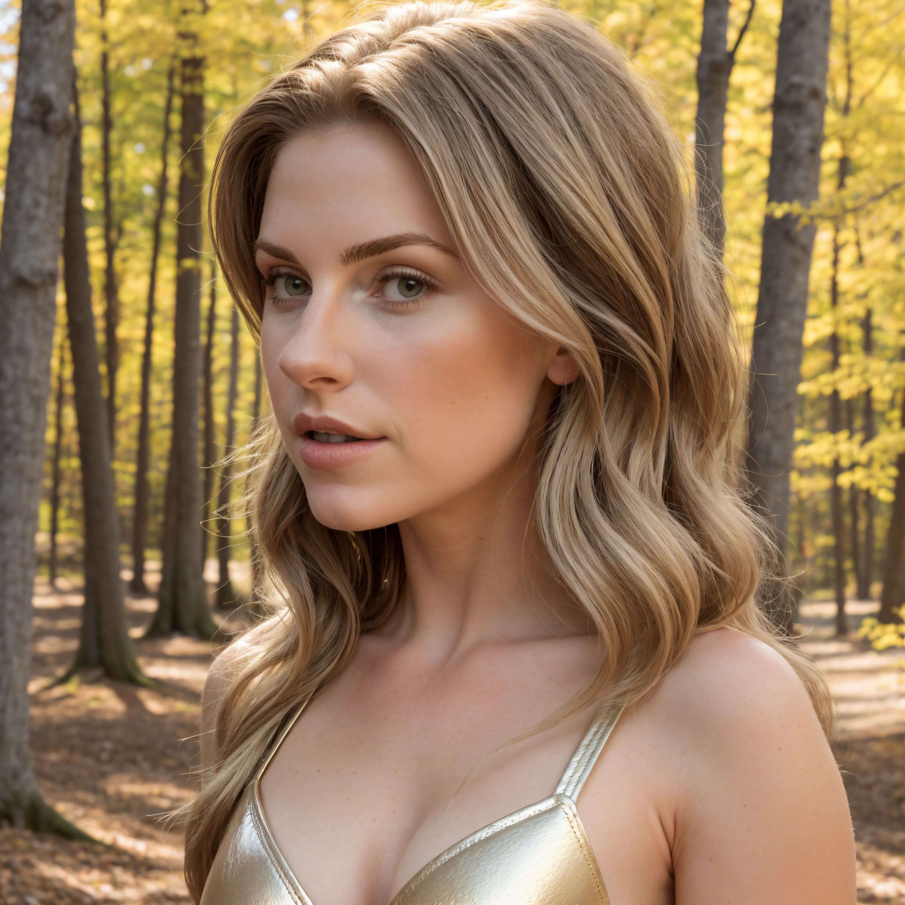 (editorial photo of 30 yo woman, dirty blond hair, slim American sweetheart), (freckles:0.3), (lips parted), realistic grey eyes, POV, realistic, ((full body shot)), background autumn forest path, (film grain, 25mm, f/1.2, dof, bokeh, beautiful symmetrical face, perfect sparkling eyes, well defined pupils, high contrast eyes, ultra detailed skin, skin pores, vellus hair, fabric stitching, fabric texture, wood grain, stone texture, finely detailed features:1):0.9, wearing ((metallic tutu)), posing