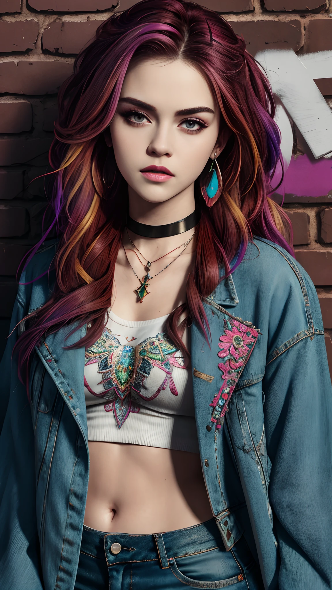(masterpiece, best quality, 1girl (((selena Gomez:Emma Watson:0.7))), solo, intricate details, chromatic aberration), realistic, ((medium breath)),long hair, rainbow hair, red head ornament, colorful highlights, hair over one eye, detailed eyes, earrings, sharp eyes, choker, neon shirt, open jacket, crop top, (symmetry eyes),(perfect symmetrical body),against wall, brick wall, graffiti, dim lighting, alley, look at viewer, attractive style,