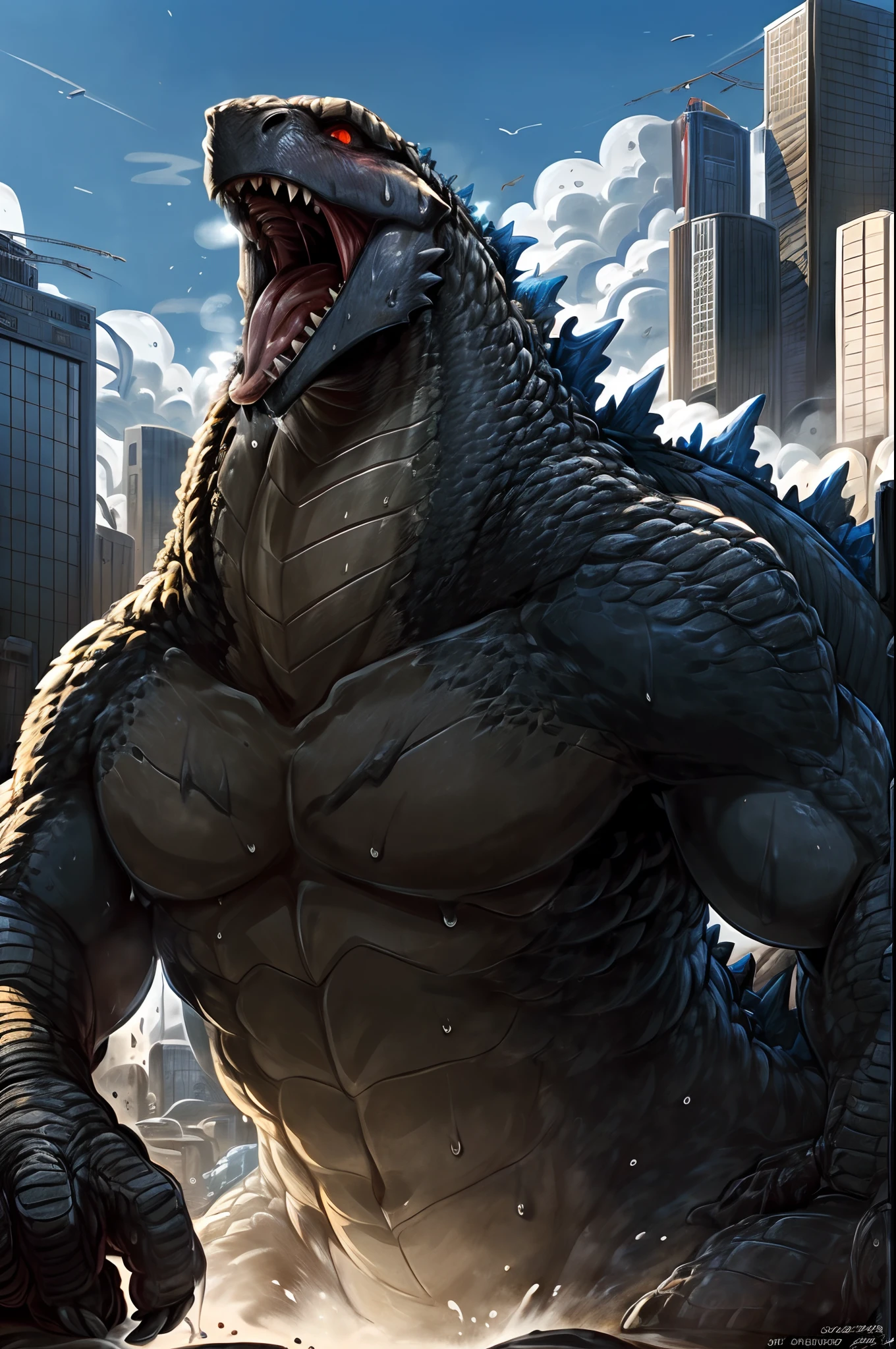 cave, detailed background, godzilla, male anthro godzilla, GodzillaXP (black body, black skin), paws, nipples (((muscular, big pecs, big arms, big spikes, buff, huge penis, mega dick, long dick, big balls, flaccid))), (((abandoned military base))), furry, 8k hd, fine details, Wrinkly body, cinematic lighting, detailed background, kenket, breasts, perfect breasts, Perfect, chubby, perfect body, full body, dark toned genitalia, anatomically correct genitalia, nude, red eyes, glowing eyes, empty eyes, close up view, happy, walking, (((smile))), sweating, front view, looking at viewer,
