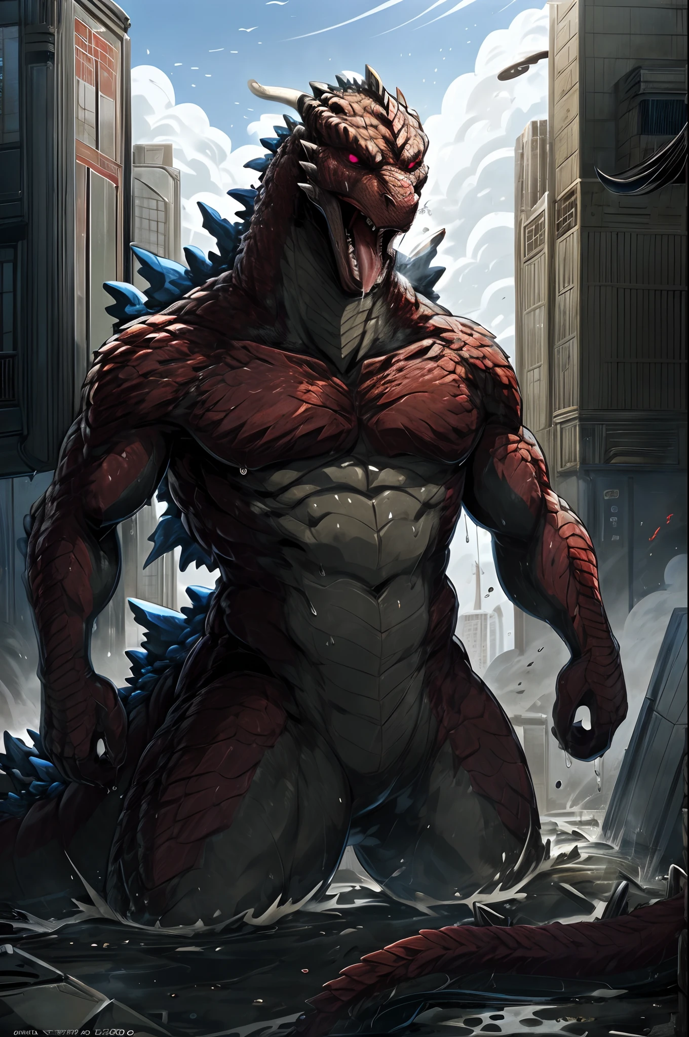 ((solo) full height):1, godzillaxp, (monitor dragon):1.8, adult, mature, handsome, (godzilla_2004 proportions):0.5, (correct anatomy):1, vascular veins, dragon tail, topless, ultradetailed, (by wfa), (by Traver009, by grimfaust), natural lighting (city background), (sweat:1.4, wet:1.6), (lots of sweat flowing down) exhausted, dragon head ((open:1 eyes, detailed):1.2), open mouth (steaming breath:1.2, drooling, dripping saliva, thick drool) tongue sticking out, (serious:1.4) expression), in pain