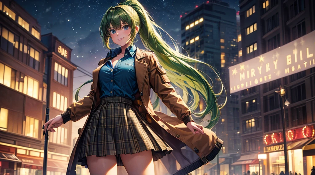 1girl, solo, full body, christmas, christmas tree, street, night, lights, giving gift, long hair, green hair, ponytail, large breasts, button down, ((opened brown short jacket)), dark blue eyes, ((blue shirt)), checked shirt, ((unbuttoned shirt)), ((long skirt)), smile, looking at the viewer, standing