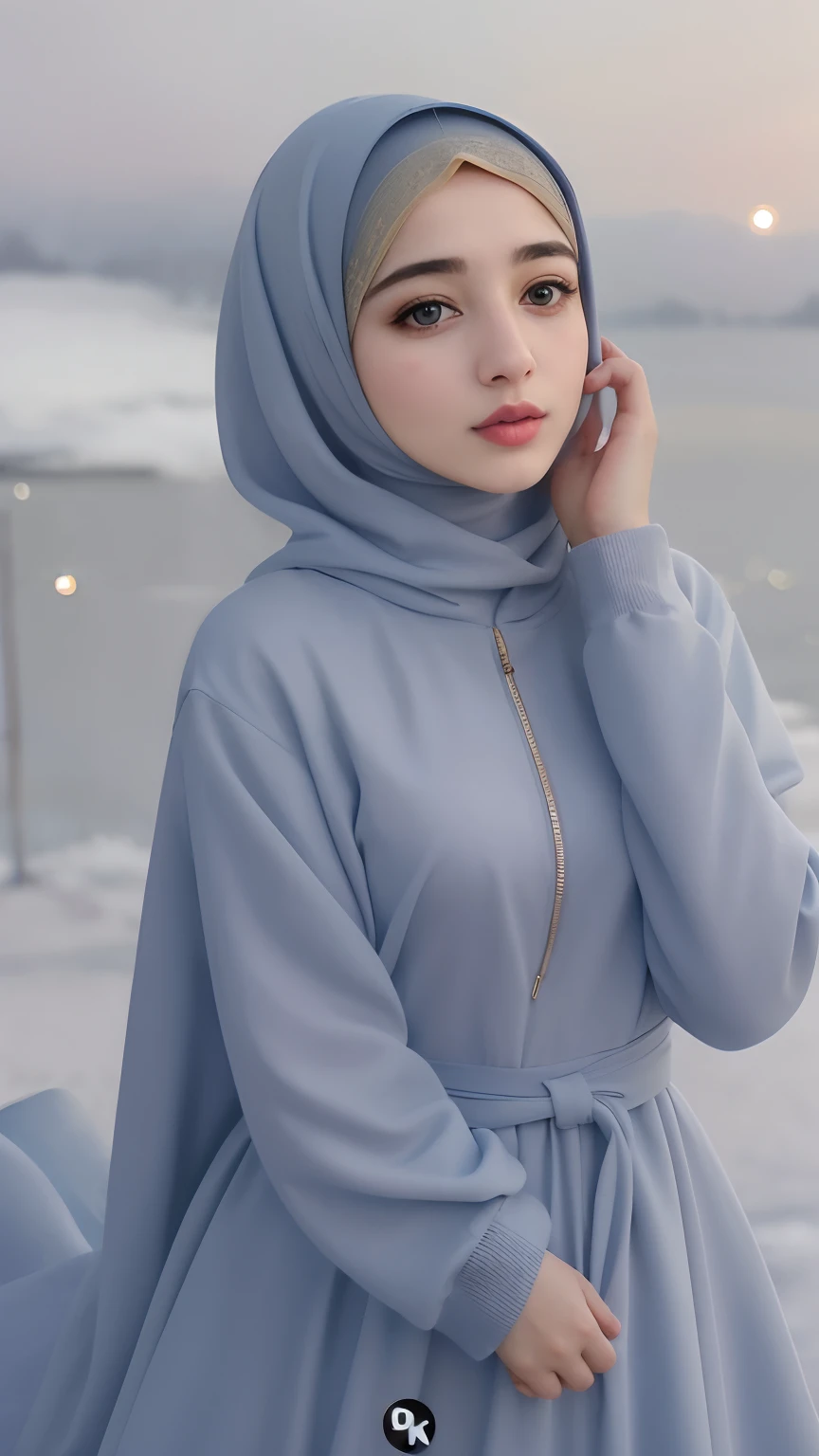 a woman in a blue dress and a hijab is talking on a cell phone, pastel blue, hijab, blue gray, pale blue, light blue, light-blue, blue soft details, sky blue, light grey blue and golden, wearing a blue hoodie, pastel, tight light blue neopren suits, ice blue, pale-skinned persian girl, beautiful burqa's woman