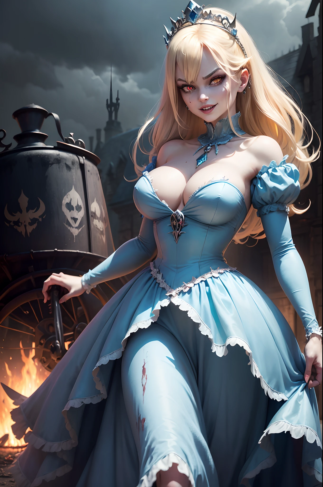 a zombie Cinderella Of Cinderella Disney princess (very evil looks), Cinderella the Disney princess from Cinderella animated movie 1950, creepy and beautiful zombie Cinderella , big boobs, sexy look, very pale skin of zombie, focus on face details, very evil and very sexy looks at the same time, mixed of evil and beautiful blue-red eyes, blond long style hair of Cinderella , princess crown onher head, bloody scars on her face and skins, long blond hair, evil smile for evil Cinderella , perfect body shape, Cinderella dressed same white blue dress from Disney animation movie 1950, the dress inspired from the Cinderella animated movie 1950, evil smile with vampire fangs, evil laugh with vampire fangs appear, (smirks:1.2), (( dead horse, dead birds around , cinematic, insane details, "evil Zombie Beasts with burning wagon in the background", creepy and horror background, intricate details, hyper-details, neon colors ((hdr)), ((vignette))