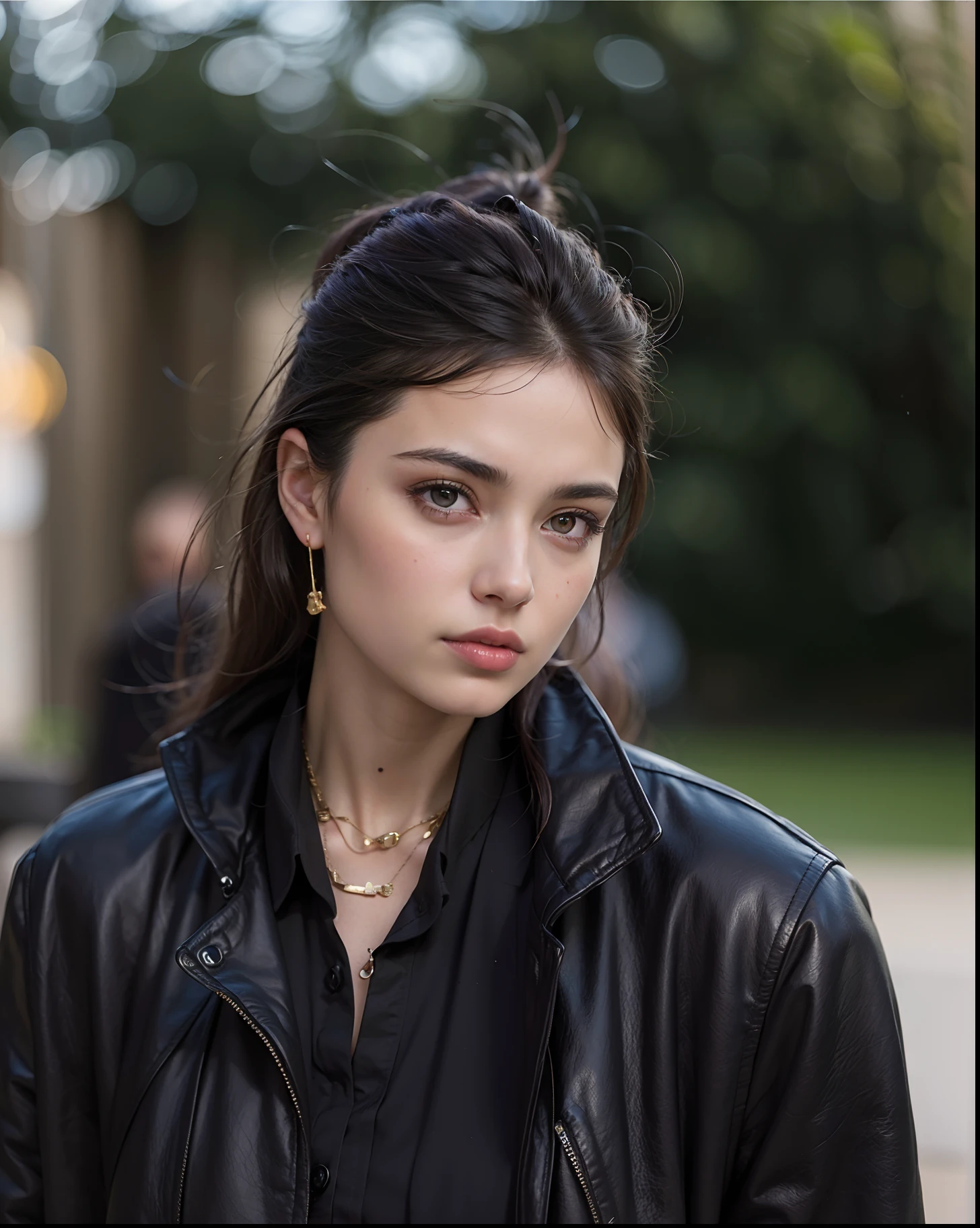 There's a woman in a black jacket and a necklace, Retrato Sophie Mudd, julia sarda, ela usa jaqueta de couro, menina com cabelo castanho escuro, Christina Kritikou, Mina Petrovic, menina bonita, menacing stare, yael shelbia, cara muito bonita, Beautiful girl, Phoebe Tonkin, Mulher francesa de 30 anos, Ana Nikonova