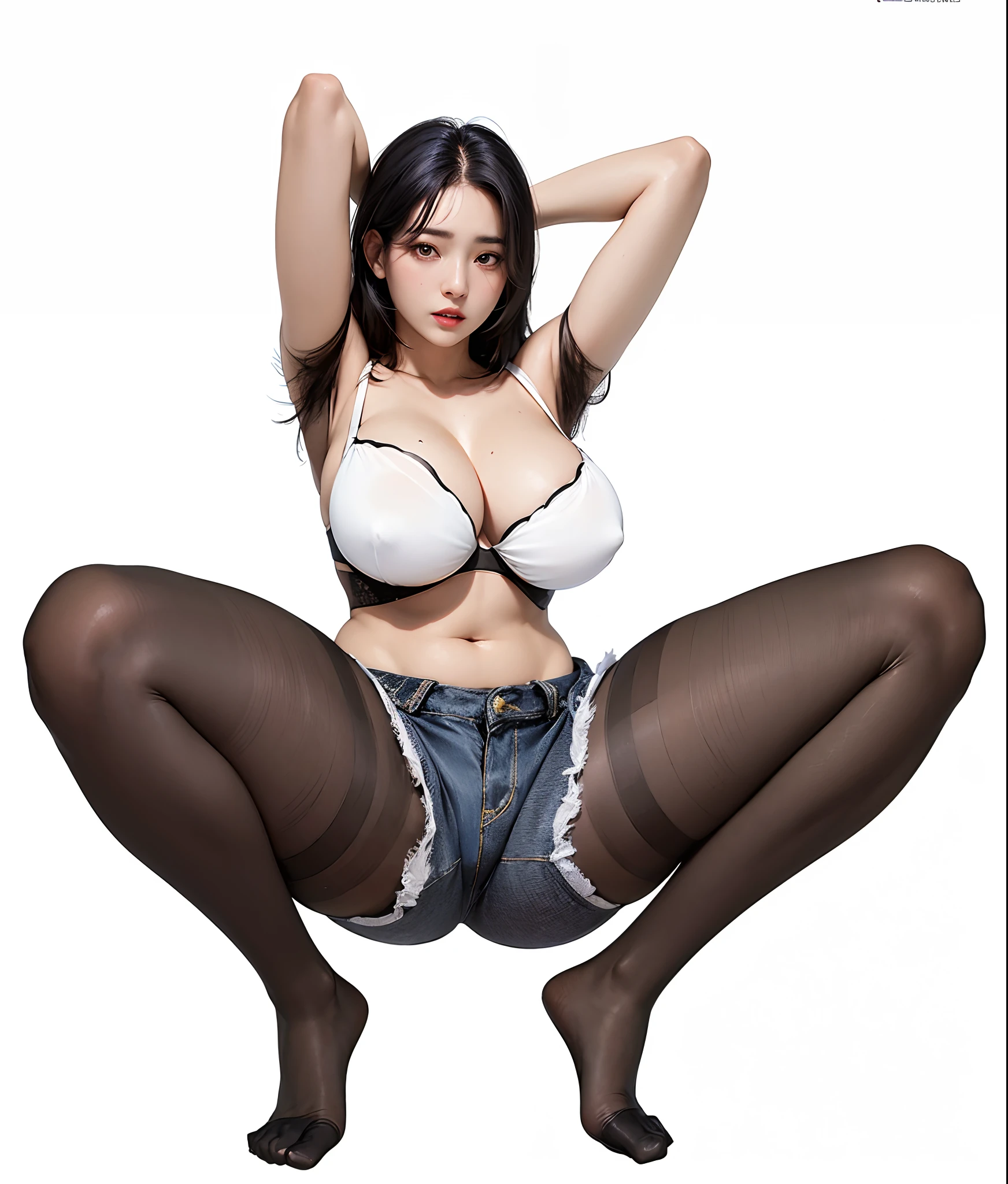Black stockings,Short Hot Pants,Transparent bra,Bursting breasts,bobbed black hair,(The areola shines in the bra),axillary hair