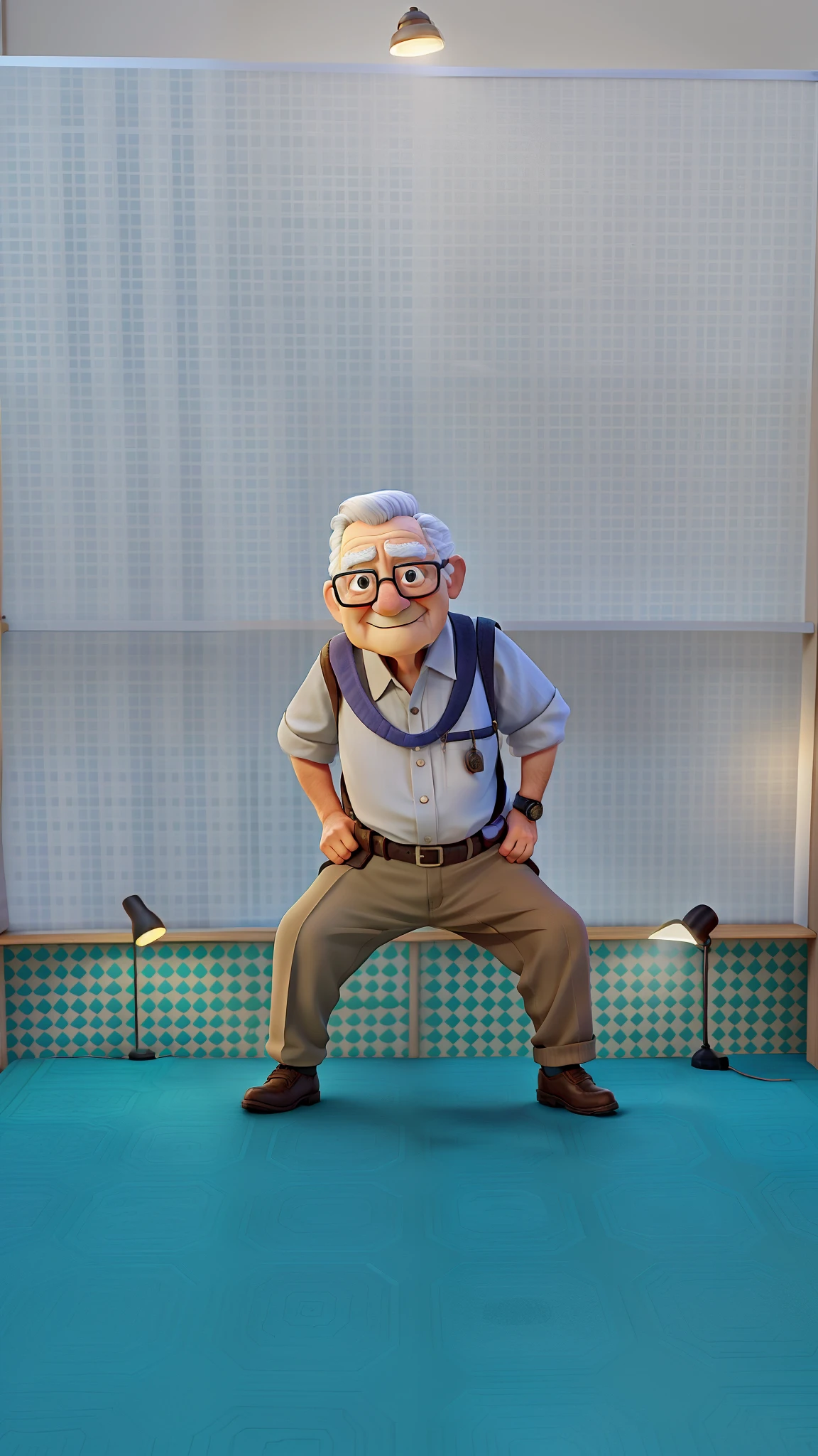 A wise old man standing in front, illuminated by the light of a lamp, against the backdrop of a library