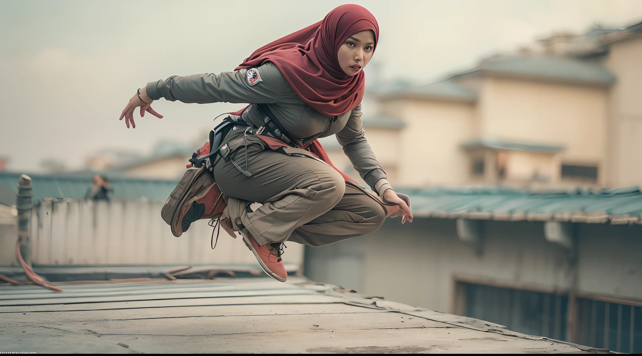 Create a film still with a Malay girl in hijab leaping across a rooftop in a high-octane action scene, reminiscent of 'Mission: Impossible.' Use a wide-angle lens and intense lighting to capture the tension and excitement, photo taken using Panavision DXL2, 28mm lens, Establishing shot, muted color grading, cinemascope, drama, high quality, ultra detailed, 8k resolution, hyper - realistic photography,